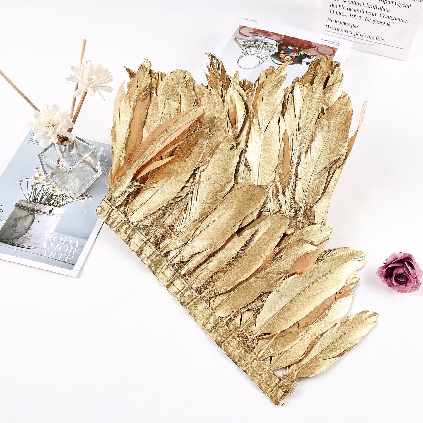 MAOFENG 2 Yards Natural Goose Feathers Trim Sewing Fringe Fashion Dress Sewing 6-8inch for DIY Handicrafts Costumes Decoration,Golden
