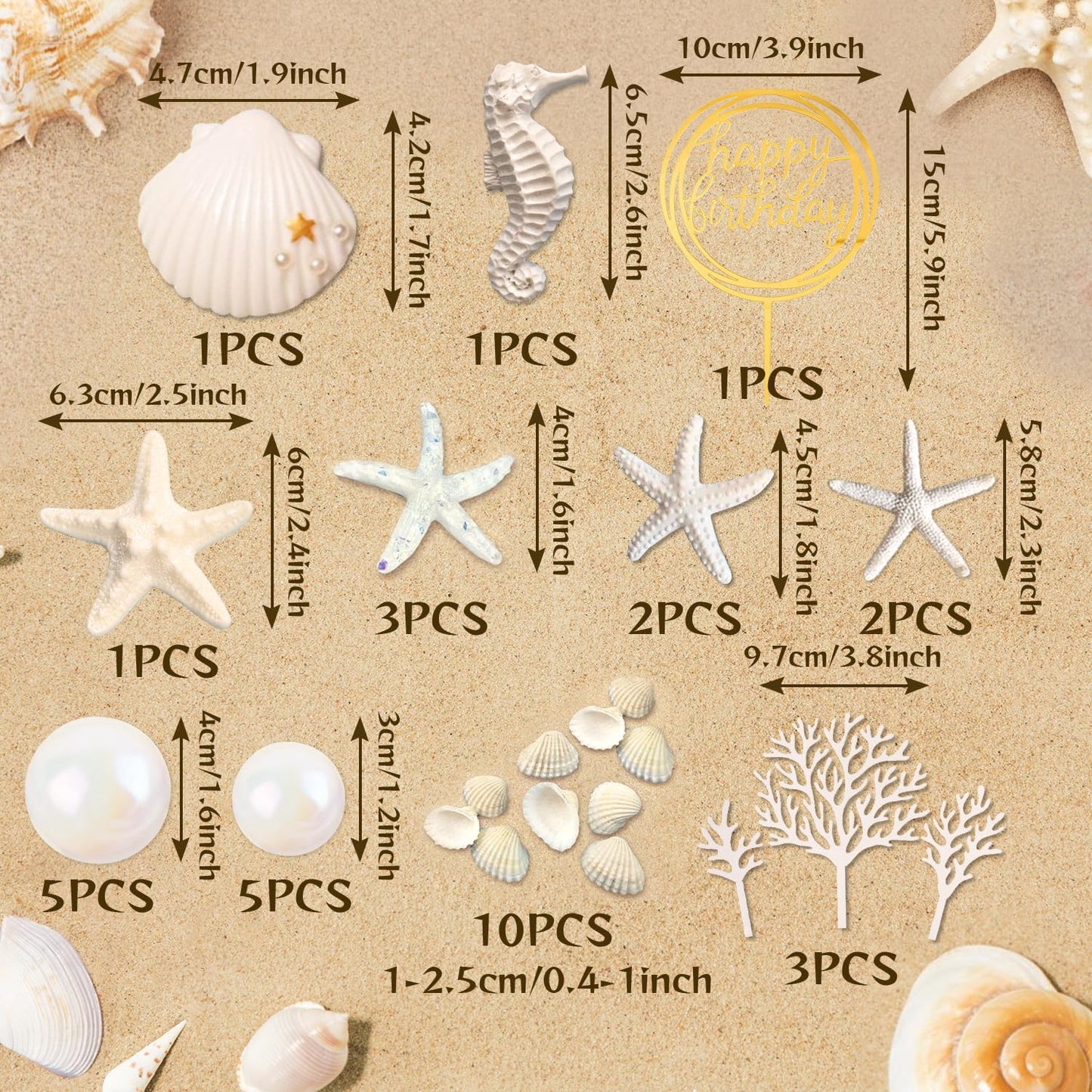 34 PCS Beach Seashell Cake Toppers, Beach Seashell Cake Decorations Birthday Party Decorations Under the Sea Ocean Cake Decoration for Summer Ocean Sea Starfish Theme Party Supplies