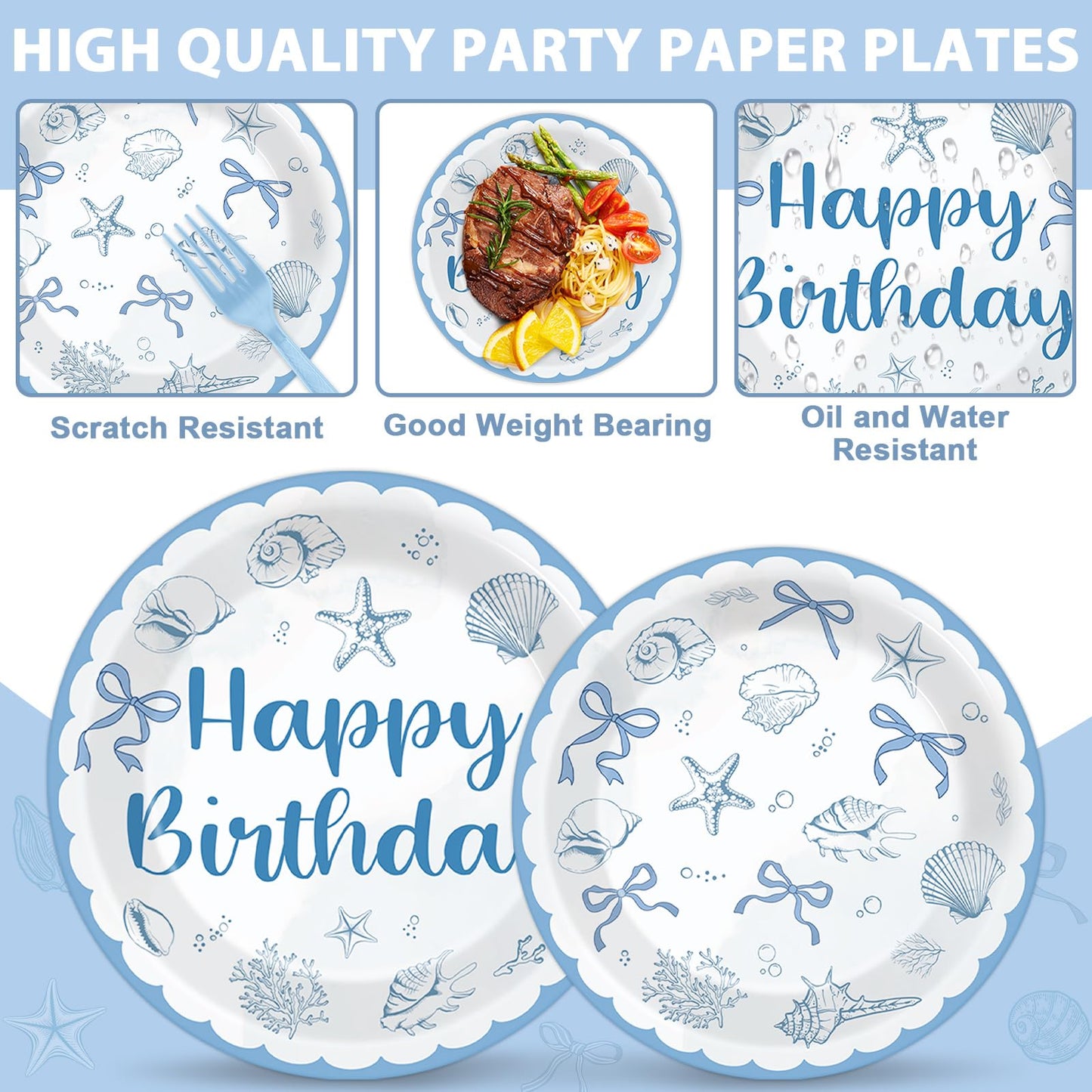 96PCS Coastal Beach Birthday Plates and Napkins Blue Bow Seashell Birthday Party Supplies Disposable Ocean Seashell Bow Tableware Set for Summer Beach Wedding Bachelorette Baby Shower Serves 24 Guests