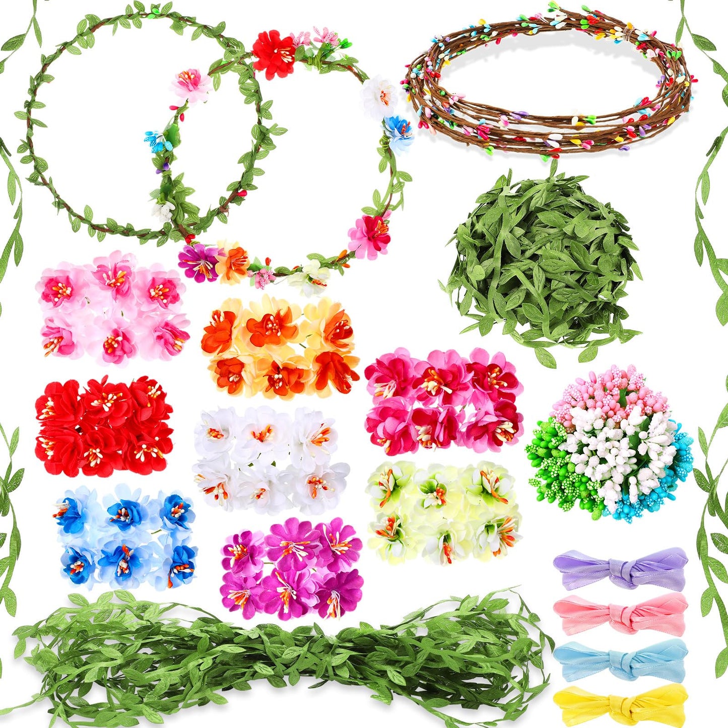 Syhood Mini Plum Blossom Crowns Making Kit, 120 Pcs Parts, Make Your Own Flower Wreath Headbands and Bracelets Craft Kit Hair Accessories Handmade DIY Floral Crown Garland Presents