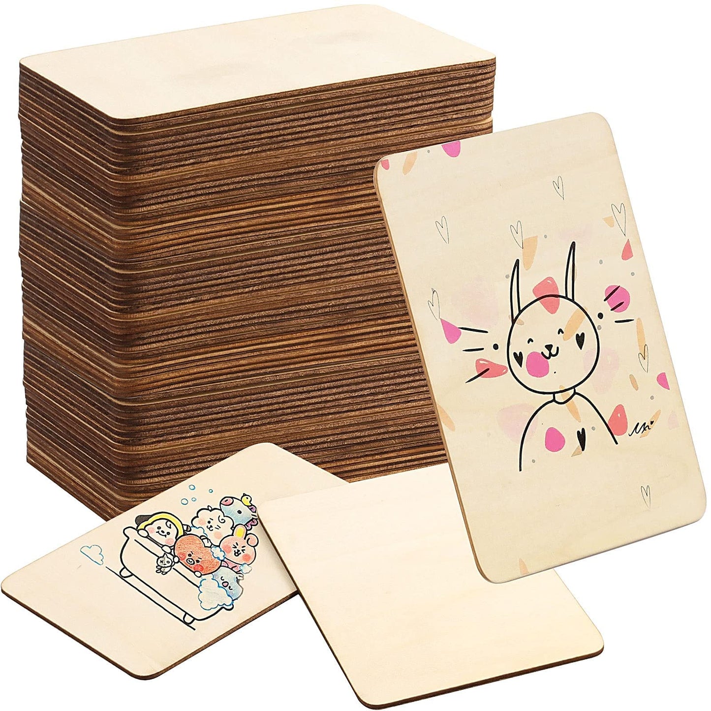 HAKZEON 100 Pieces 4 x 6 Inch Unfinished Wood Pieces, Rectangle Blank Wooden Tiles with Rounded Corners, Wooden Sheets for DIY Painting, Art and Crafts, Home Decor