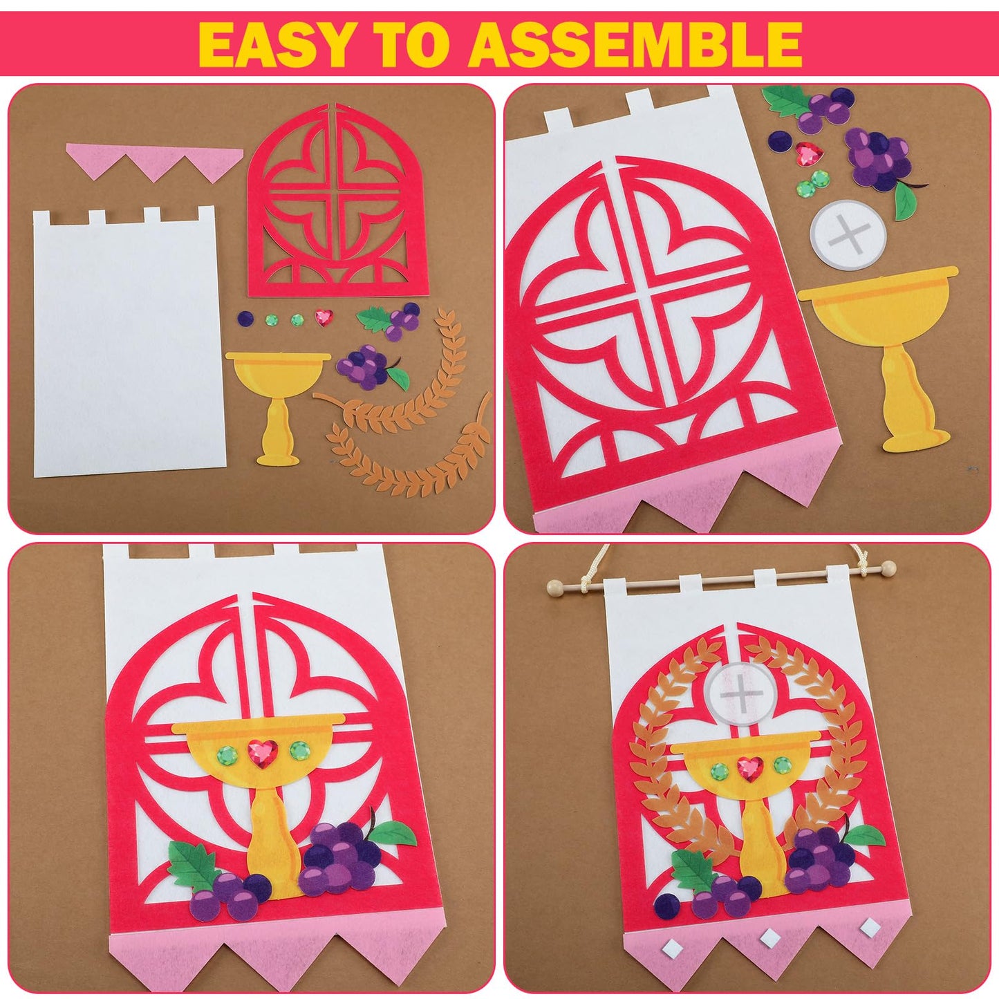 SmoothNovelty 6 Sets First Communion Banner Kits 9 x 12 Inches Felt Holy Communion Banner Kits Sunday School DIY Arts and Crafts Kit for Kids First Communion Gifts for Boys or Girls