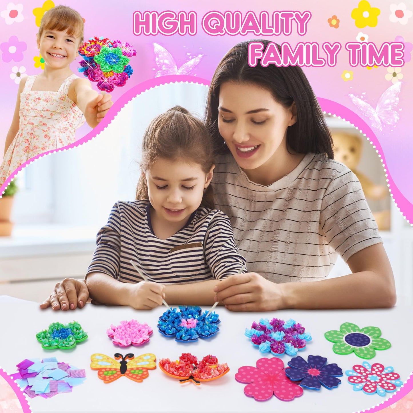 MUNDIDO Poke in Fun Art Flower Bouquet, Mess Free Paper Craft Kits for Kids, DIY Creative Activity Gifts for 6 7 8 9 10 Year Old Girls, Birthday Gifts for Girls Boys Age 5-12 Easter Basket Stuffers
