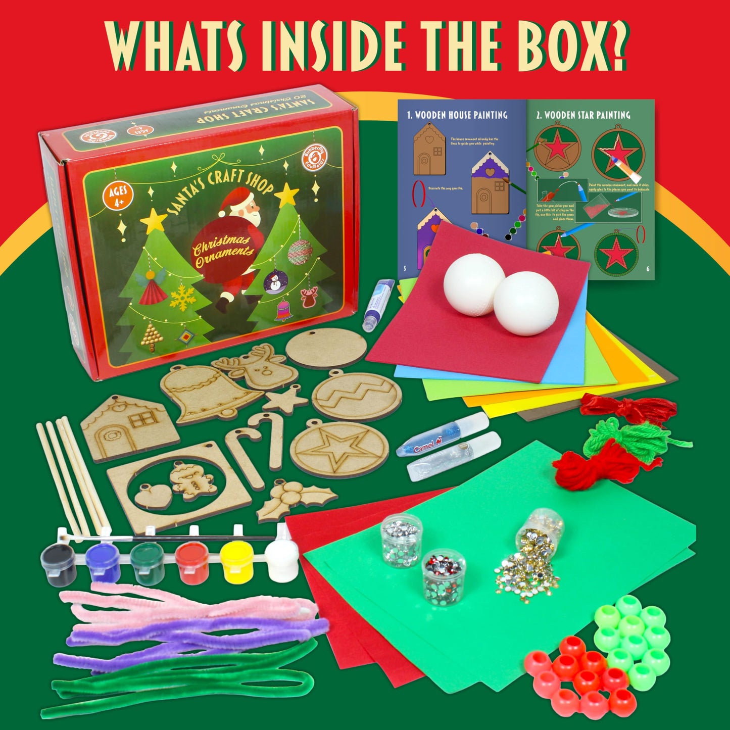 Butterfly EduFields Santa’s Craft Christmas Activity Kit | Holiday Arts & Crafts Set for Kids Ages 4 5 6 7 8 | Make 20+Ornaments with Wood Painting, Bead Crafts & Gem Art | Christmas Decoration Kit