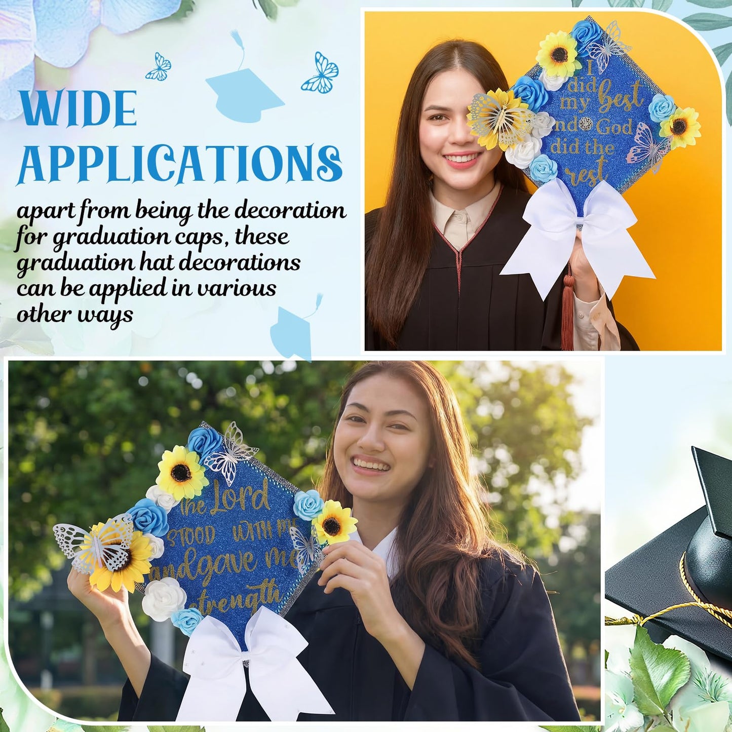 Gersoniel 45 Pcs DIY Graduation Cap Decorations Kit with Faux Flower Heads Graduation Quote Glitter Sticker Bow 3D Butterfly Rhinestone Pearl Stickers for Grad Cap Topper Art Craft Gift Decor(Blue)
