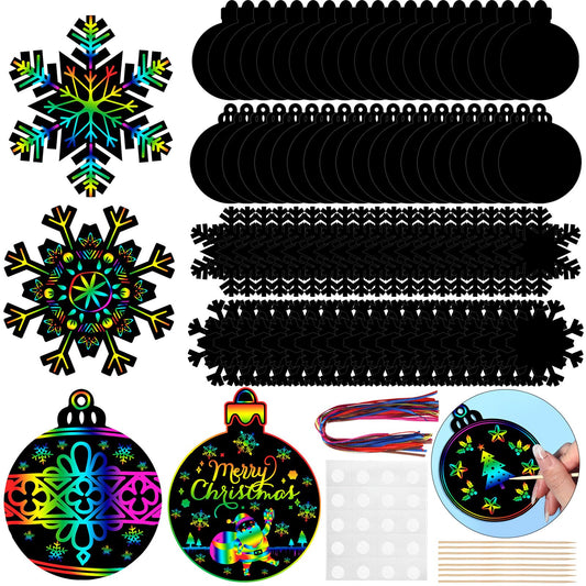 Yeaqee 80 Pcs Christmas Ornament Scratch Cards Christmas Scratch Paper Art with Drawing Sticks and Ribbons DIY Xmas Magic Paper for Winter Xmas Home Party DIY Activities (Snowflake)
