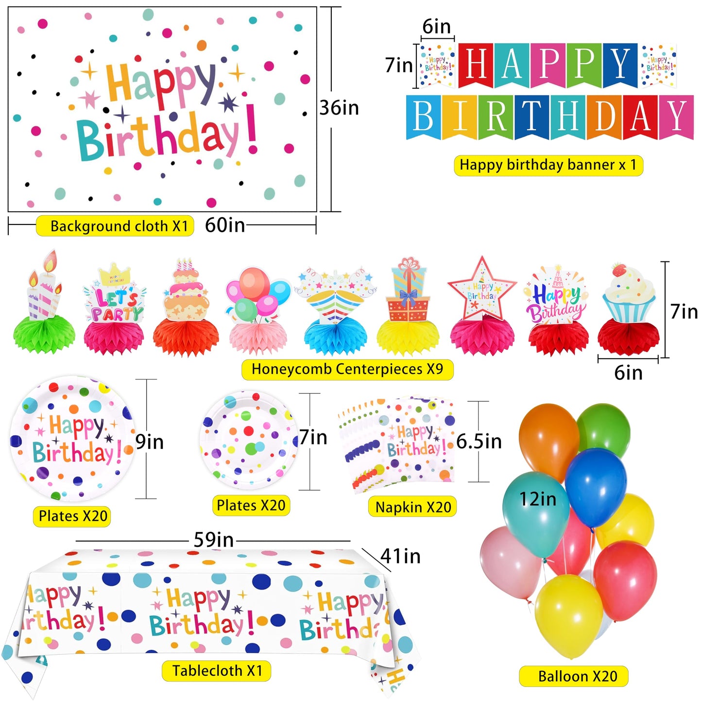 Happy Birthday Decorations Set for Kids - Party Supplies Kit with Honeycomb Balls, Banner, Backdrop, Balloons, Tablecloth, Plates, Napkins- Birthday Party Decor for Boys Girls