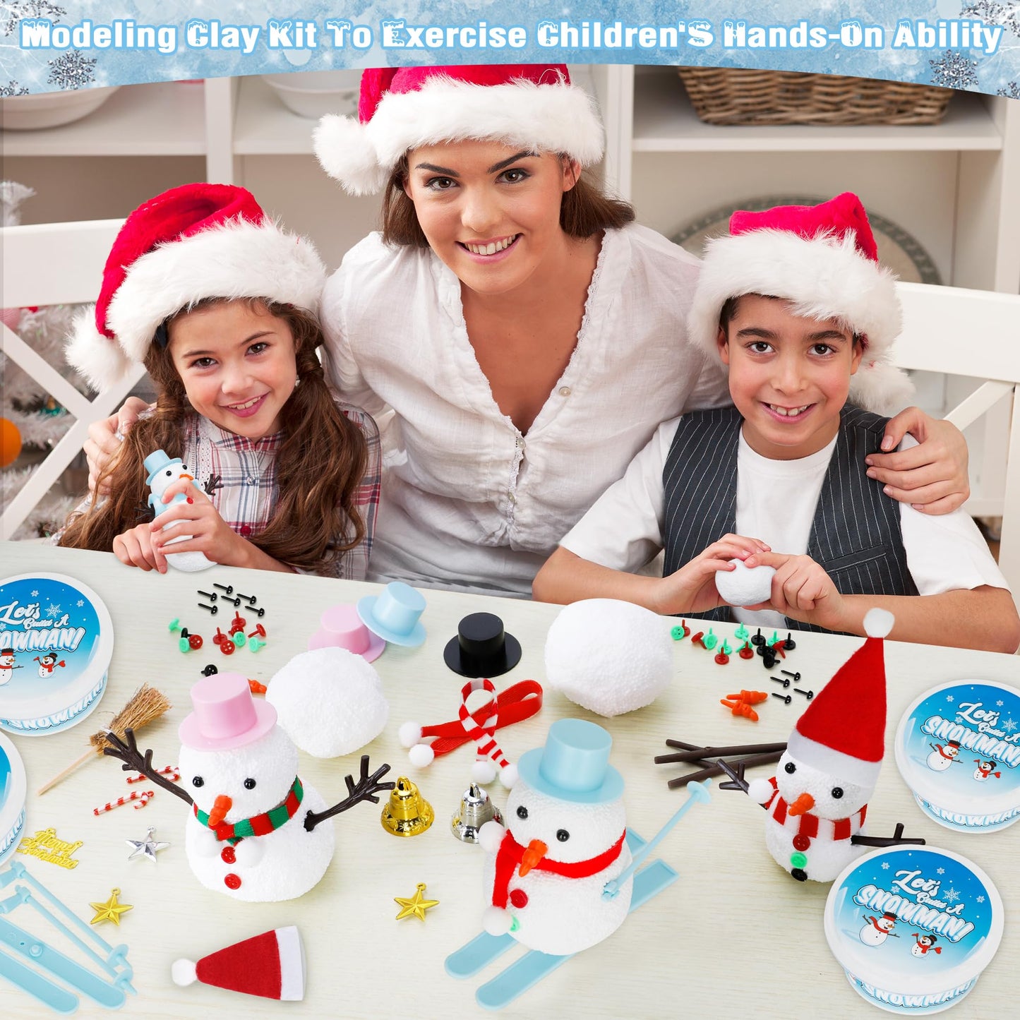 EOBOH 24 Pack Build a Snowman Kit, Christmas DIY Snowman Crafts for Kids Bulk, Snowman Kit Winter Decorations Indoor, Creative Kids Air Dry Clay Modeling Crafts Kit for Christmas Gifts Favor Supplies