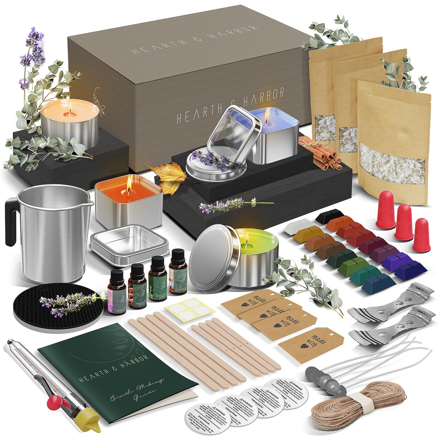 Hearth & Harbor Organic Soy Candle Making Kit for Adults, DIY Crafts, Complete Candle Making Supplies Include Natural Soy Wax, Tins, Scents, Dyes, Wicks & More – Gift Idea, Perfect Home Decor – 2 Lbs