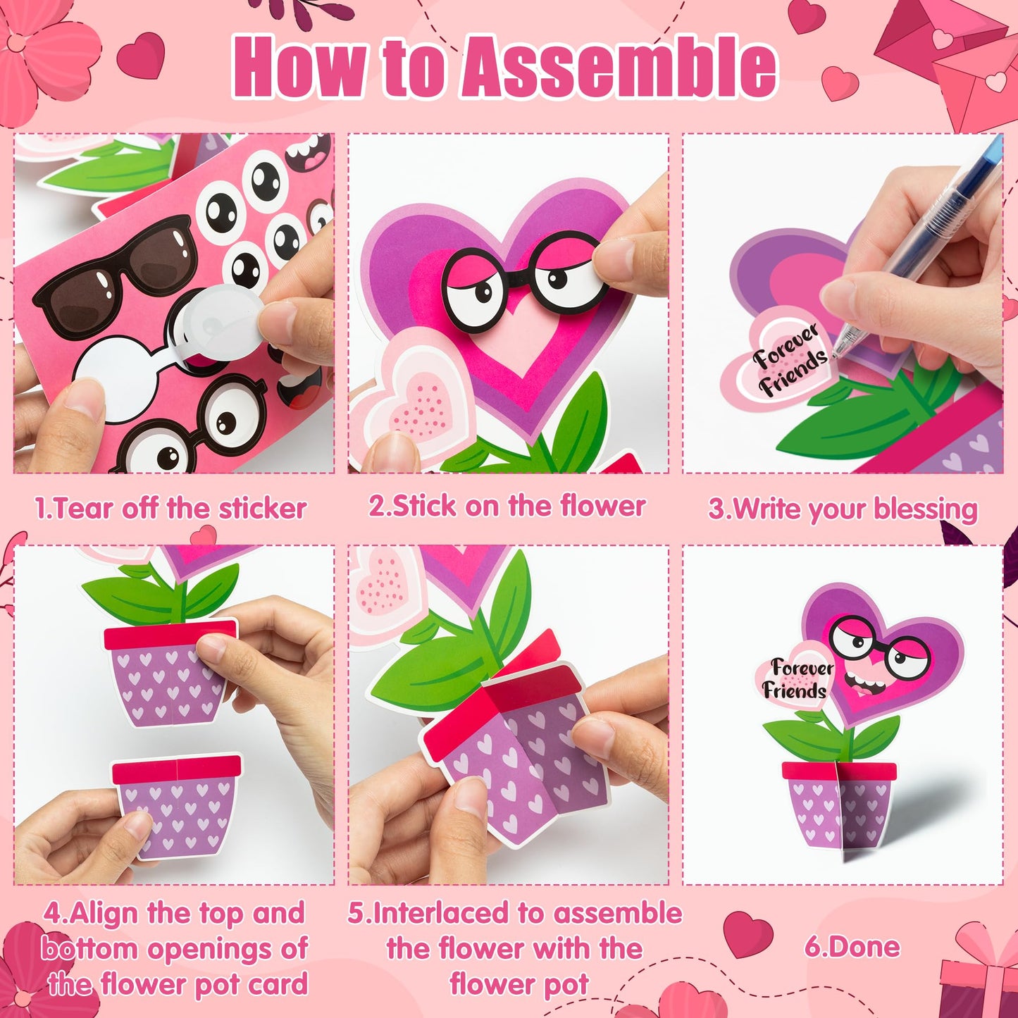 WATINC Valentine‘s Day Flower Craft Kit - 32PCS Make Your Own Heart Flowers Pot Decorations, DIY Valentine Paper Art Supplies with Stickers for Kids Adults, Homeschool Classroom Party Activities Gifts