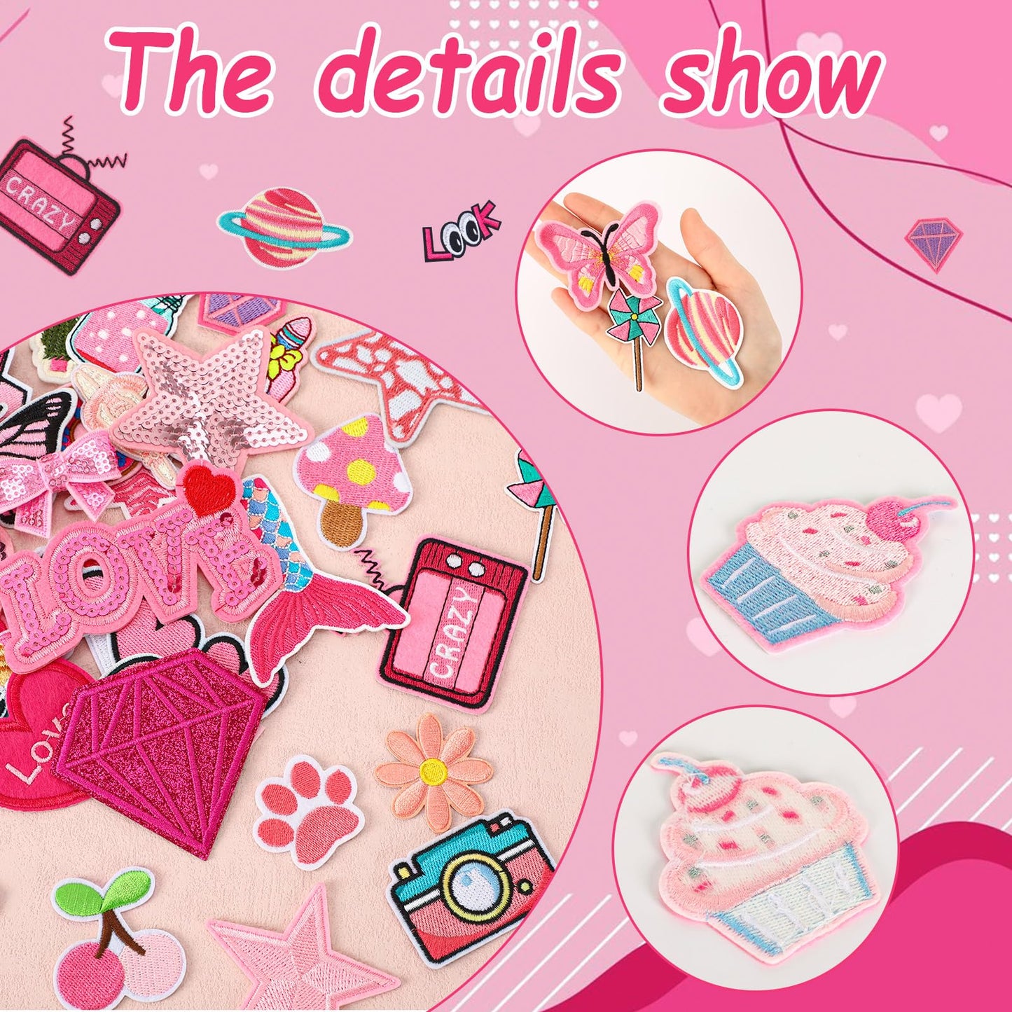 60pcs Pink Embroidered Patches Random Assorted Styles Pink Theme Iron on Patches for Girls Western Cowgirl DIY Sew Applique Repair Patch Cute Preppy Sew on Patches for Backpacks Pants Clothes Jeans