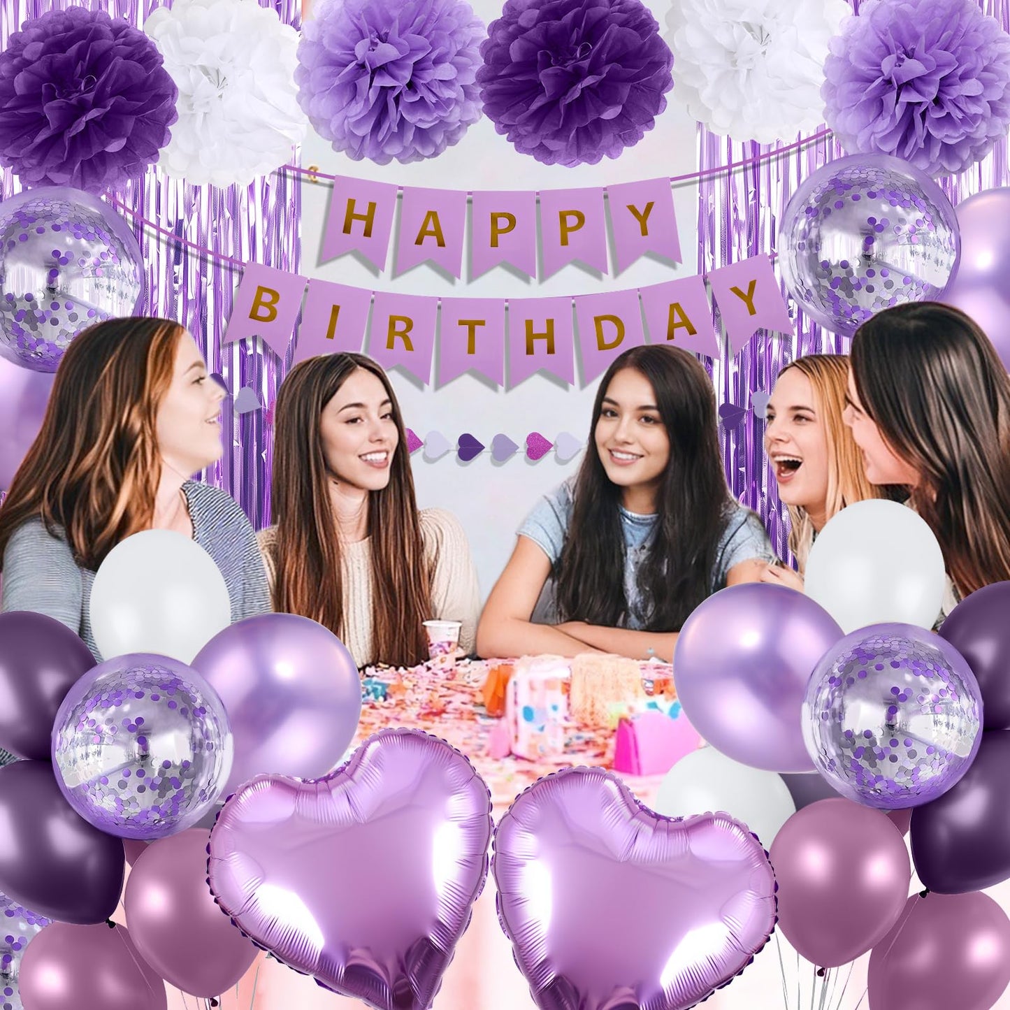 Purple Birthday Decorations for Women, Happy Birthday Party Decorations, Happy Birthday Banner, Purple Balloons, Foil Fringe Curtains, Tissue Paper Pompoms, Heart Garland, Party Decor for Girls