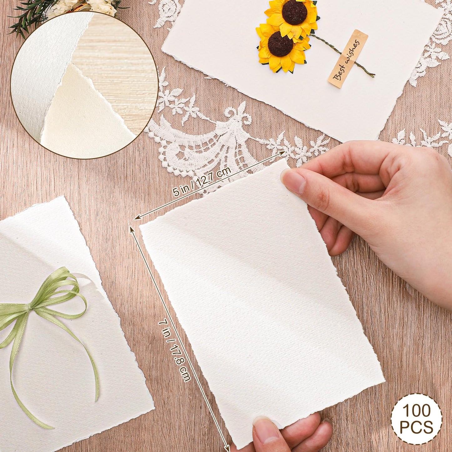 100 Sheets Deckled Edge Paper 5x7 inches, 160 GSM Handmade Paper, Rough/Textured Watercolor Paper for Wedding Invitations, Cards, Crafts Mothers Day Gifts for Mom