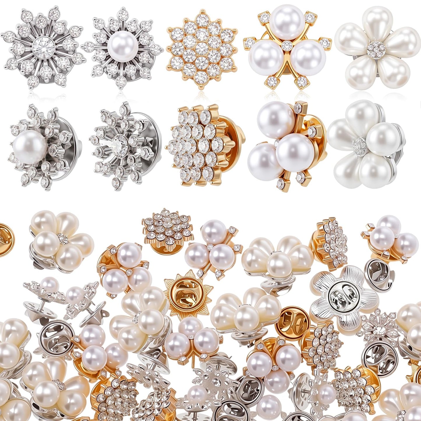 Trnayi 50 Pcs Flower Shape Pearl Rhinestone Brooch Embellishments Brooches and Pins for Women Lapel Pins No Sew Button Charms Accessories for Clothes Bags Wedding DIY Crafts, 5 Styles (Classic Style)