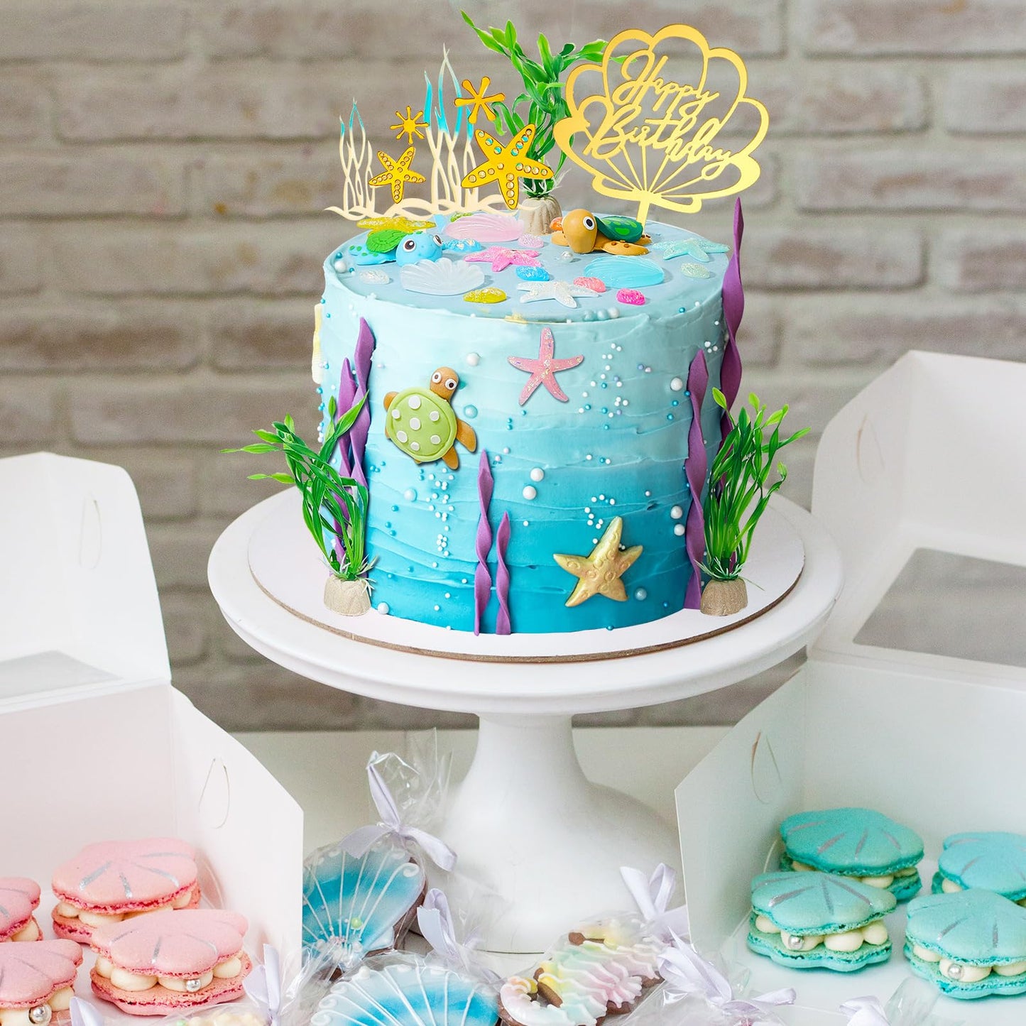 Taiyin 28 Pieces Under the Sea Cake Decorations Turtle Birthday Decoration Turtle Cake Topper Seashell Topper ocean Conch Seashells Decorations for Under the Sea Themed Birthday Party Supplies