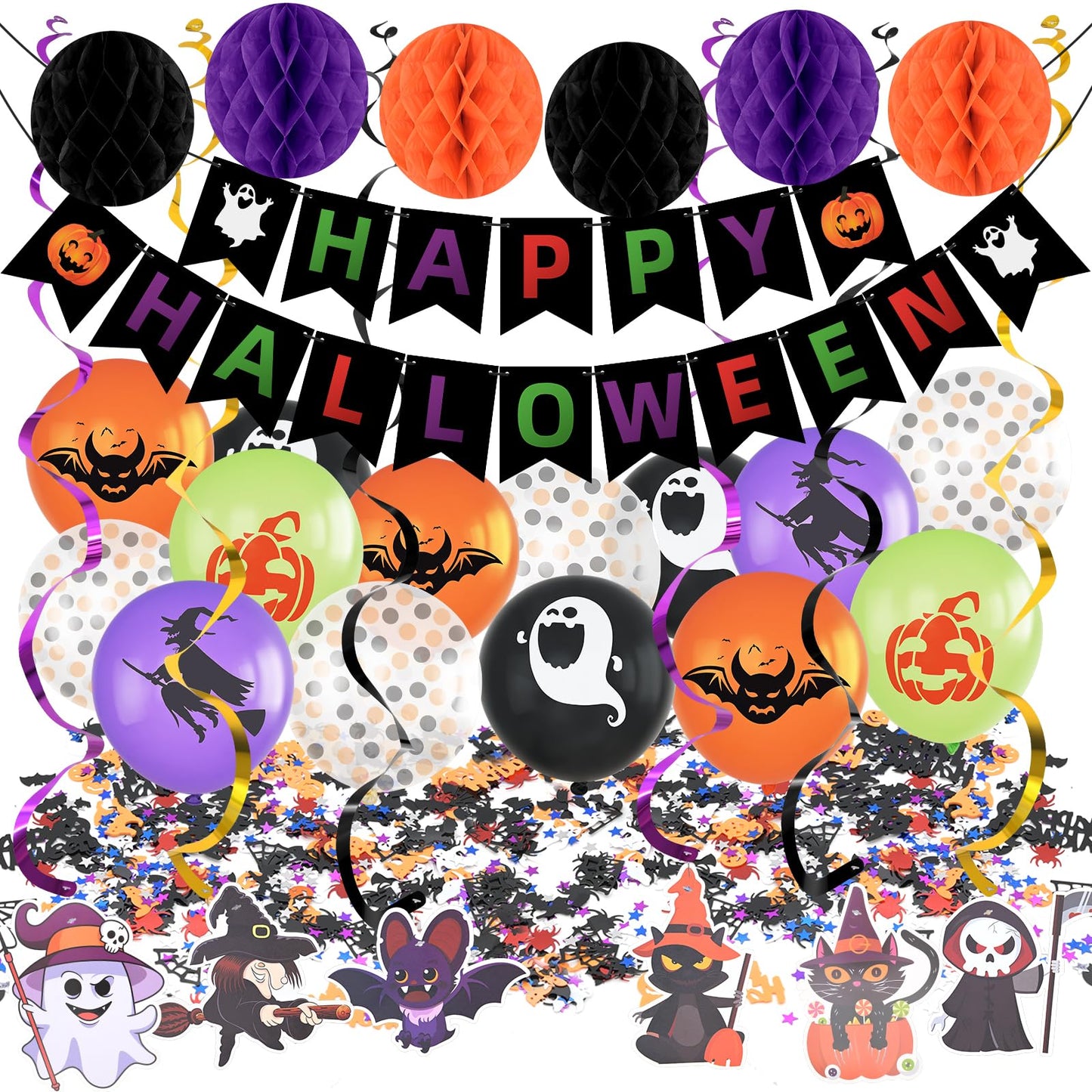 Happy Halloween Decorations Banner Supplies, Boo Classroom Hanging Cute Decoration Kit Dots Hanging Garland Honeycomb Ball Swirl Streamers for Halloween Party Decor Indoor Adult