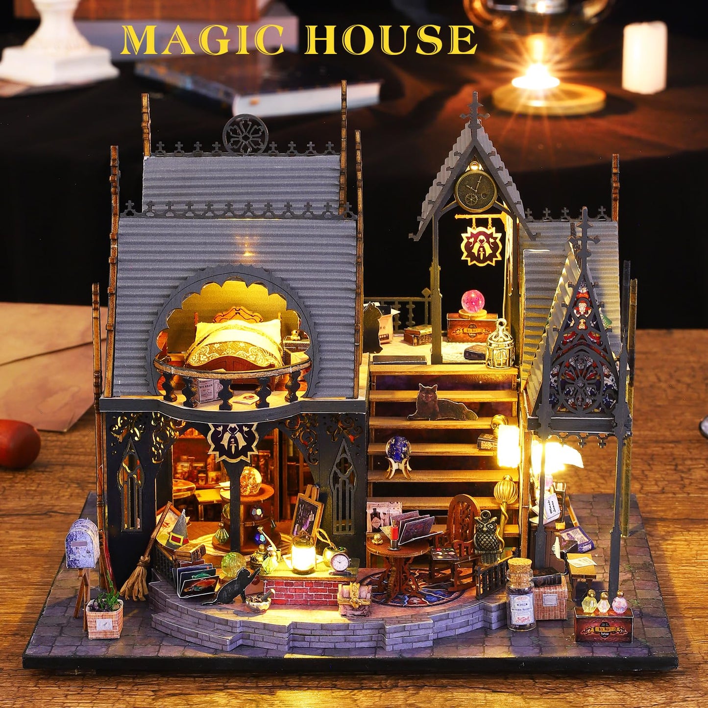 Spilay Dollhouse Miniature with Furniture,DIY Wooden Crafts Magic Doll House Mini Handmade Kit,1:24 Scale Creative Room Idea Gift (Luna's Maqic House with Dust Cover Music Box)