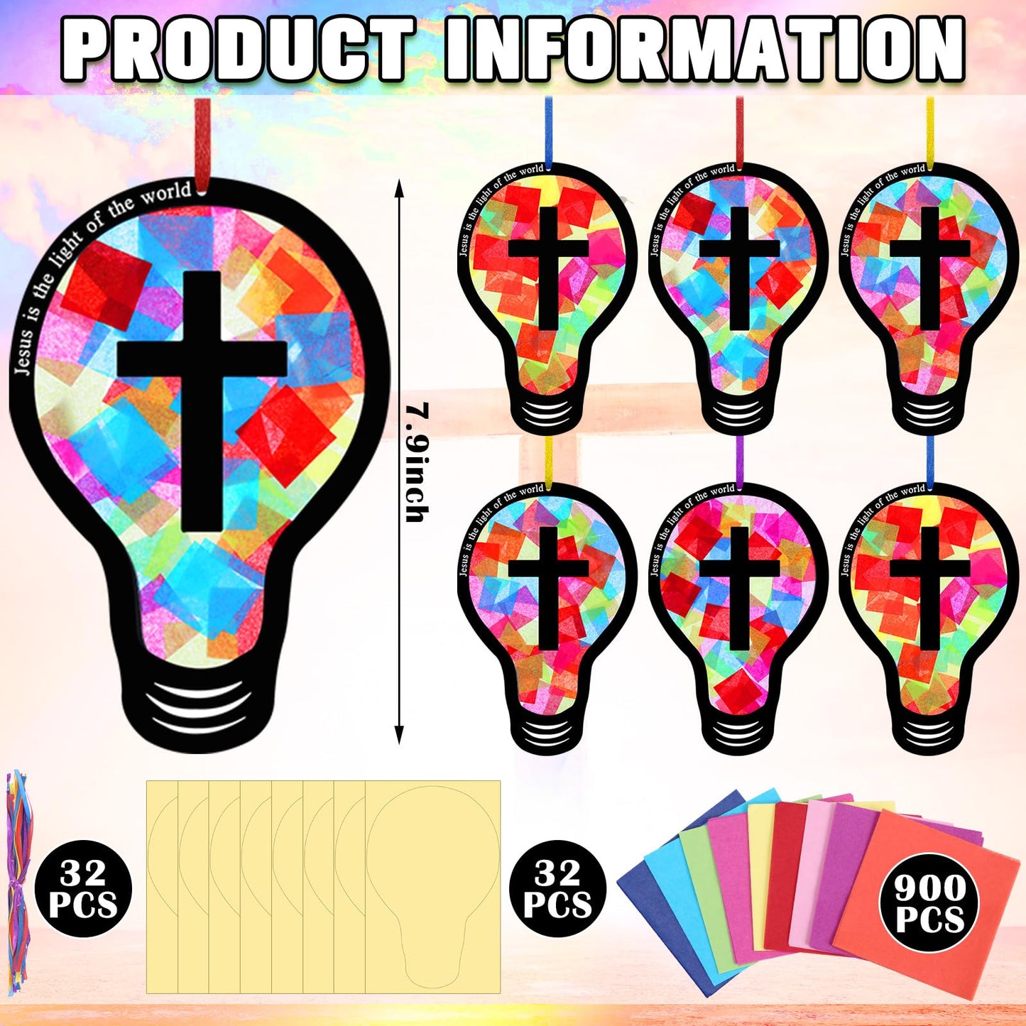 Eaasty 32 Sets 2026 Vbs DIY Jesus Light Craft Kit, Illumination Themed Christian Suncatcher Light Bulb Cross Stained Glass Art for Easter Sunday School Back to School Activities (Crafts)