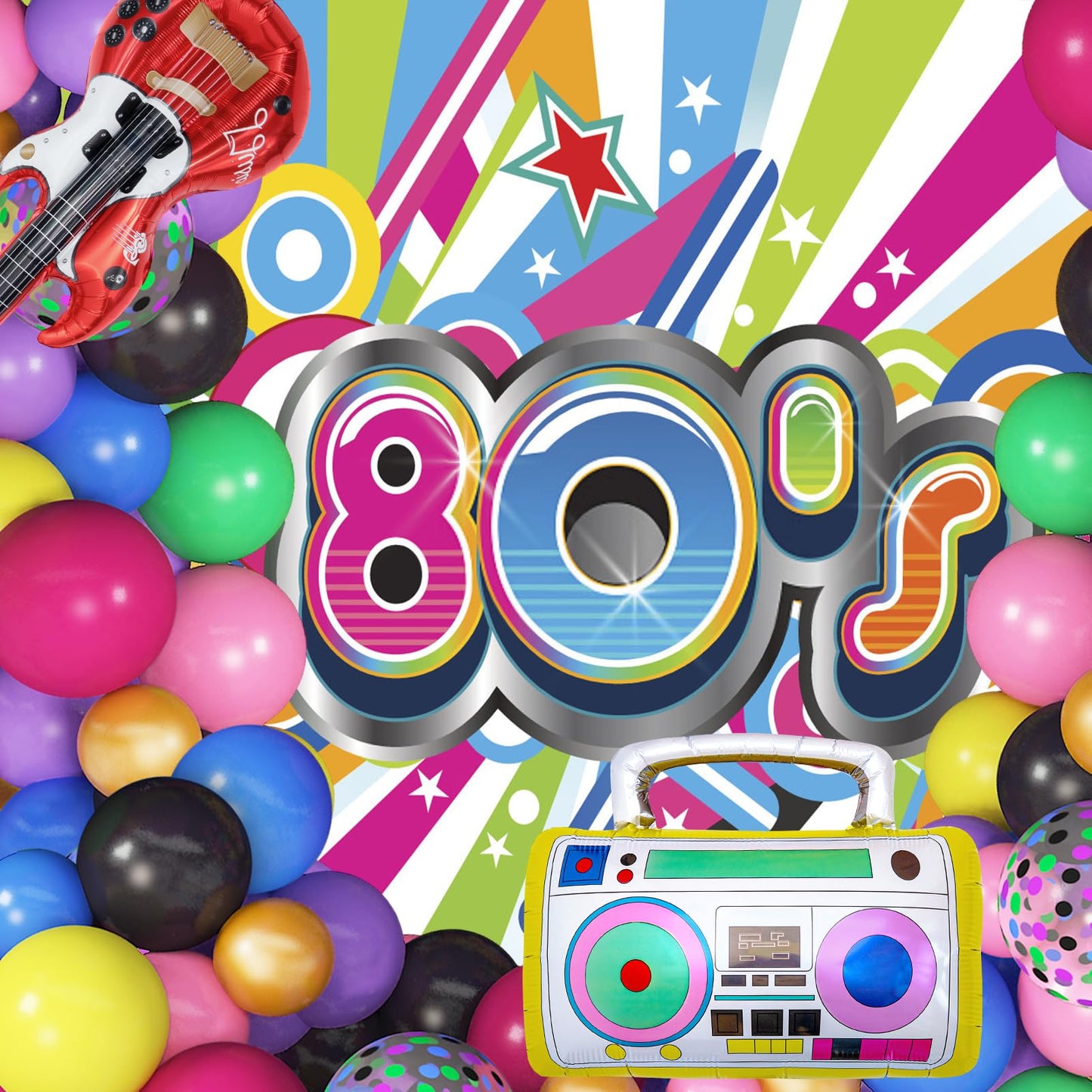 Amandir 80s 90s Theme Party Decorations, 90Pcs Balloon Garland Kit 6PCS Disco Ball Radio Boom Box Retro Mobile Phone Guitar Microphone Foil Balloons for Back to 80s 90s Hip Hop Birthday Supplies