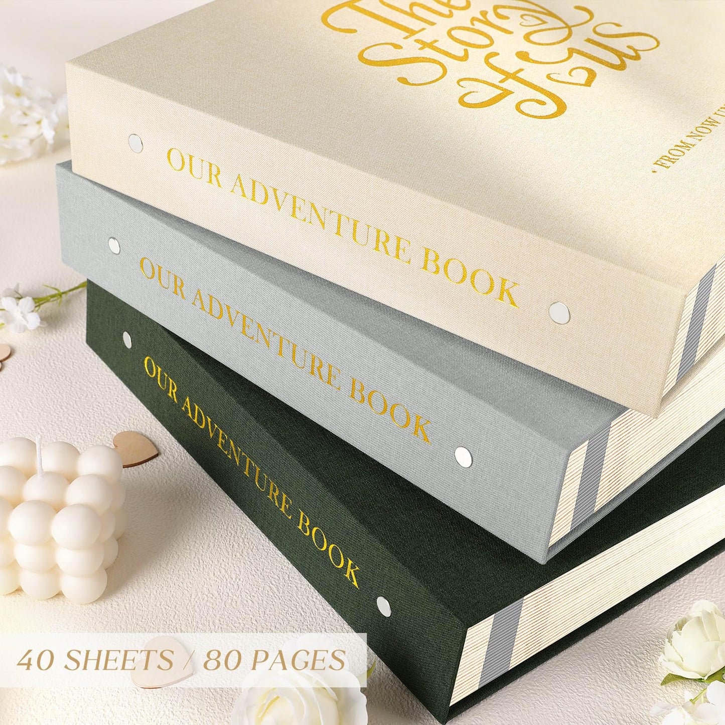 Lanpn Couples Scrapbook Photo Album - The Story of Us, Linen Wedding Anniversary Self Adheisve Picture Book holds 4x6 5x7 A5 Photo for Love Newlywed Valentine's Day (Large 40 Sheets/80 Pages, Beige)