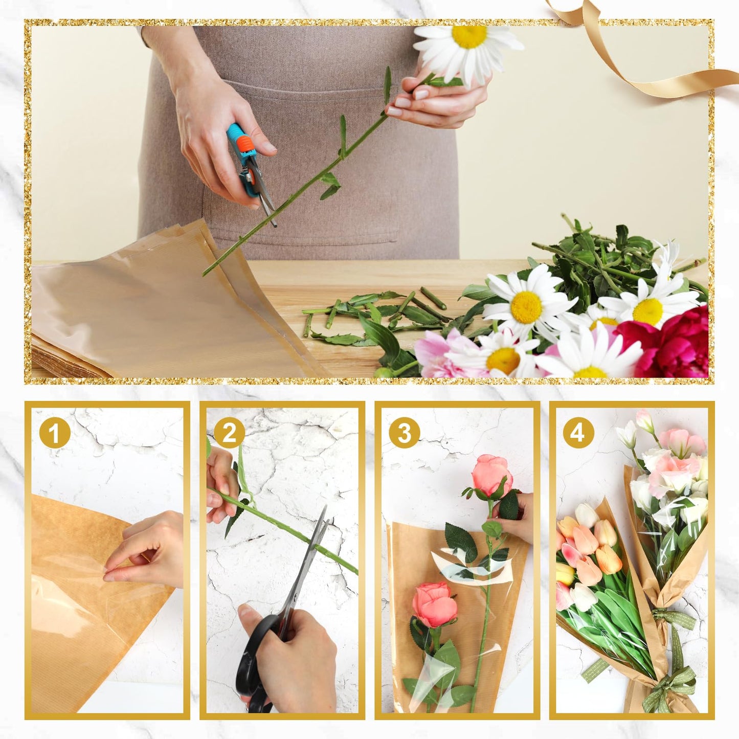 tchrules 50PCS Flower Bouquet Wrapping Paper with Ribbon, Kraft Flower Sleeves for Bouquets, Brown Floral Packing Bags Bulk for Valentine's Day Mother's Day Graduation Wedding, 17.7x9.4x3.5 inch