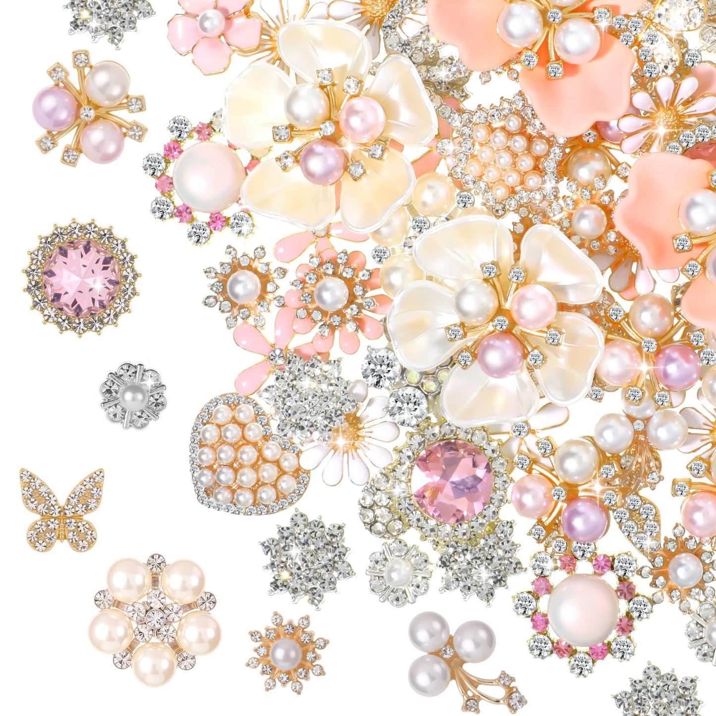 96 Pcs Rhinestone Buttons for Crafts Pink Faux Pearl Embellishments Buttons Butterfly Flower Brooch for Jewelry Making DIY Wedding Bags Supplies