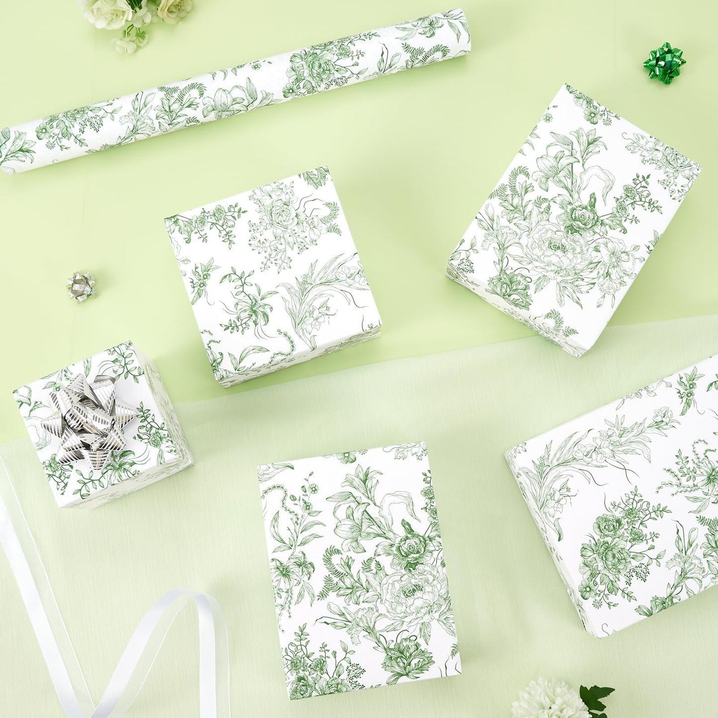 WERNNSAI Green Wrapping Paper Roll - 1 Roll 17”x 33 ft Vintage Floral Wrapping Paper Green Flower Bouquet Gift Wrap for Girls Women Birthday Bridal Shower Wedding Supplies