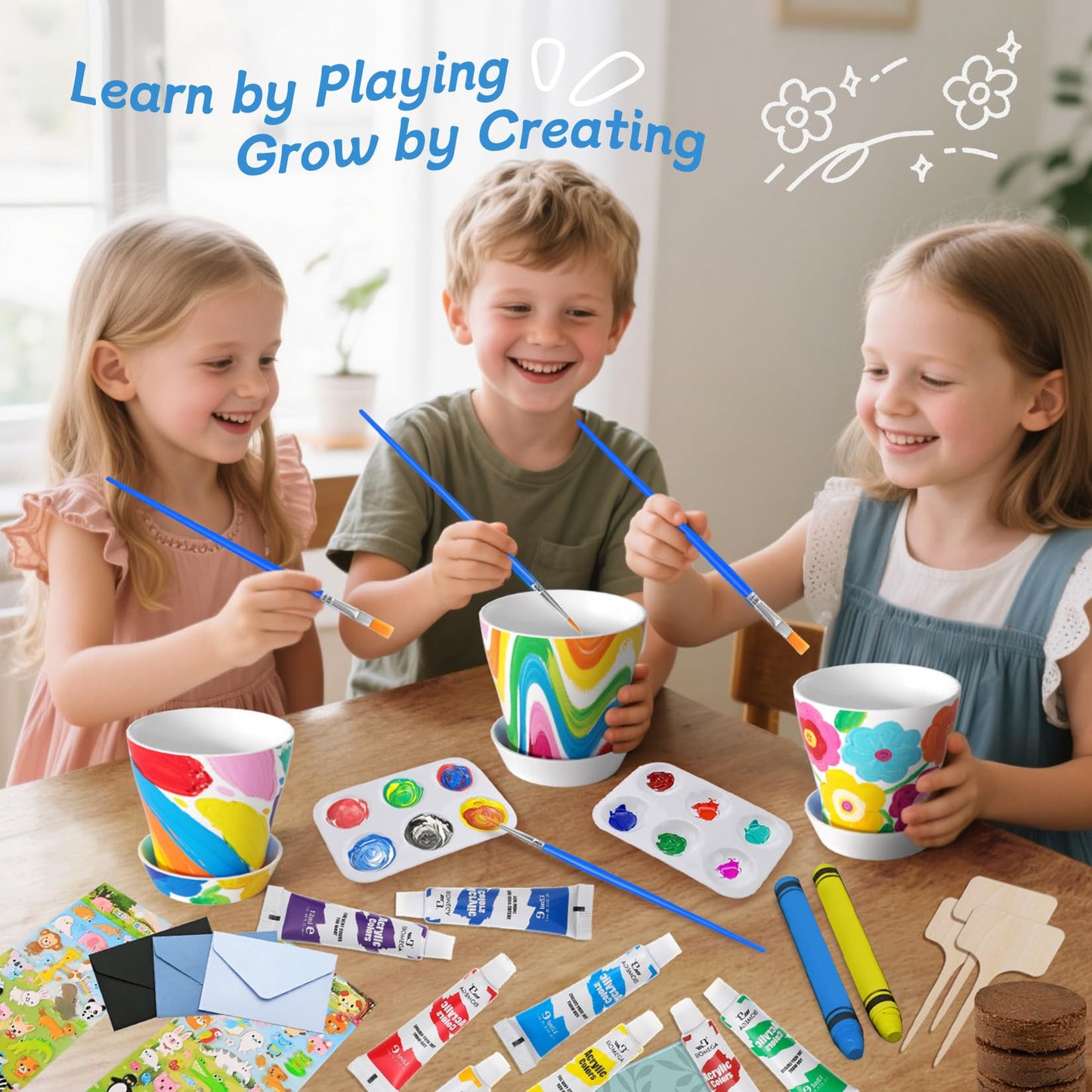 Kids Gardening Set Paint and Plant Flower Gardening Kit with 3 Pots, Kids Garden Flower Growing Kit Arts and Crafts Toys Gifts for Girls Boys Children Toys Gift for Girls Boys Ages 5 6 7 8 9 10 11 12
