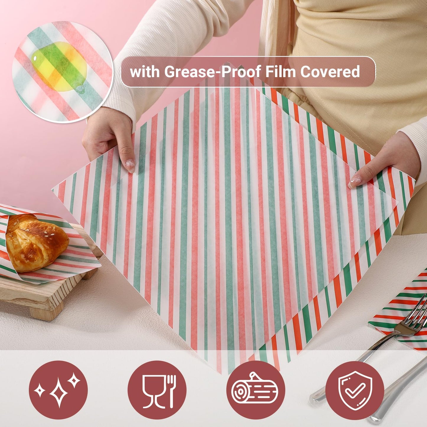 EUSOAR Food Basket Liners, 200 Sheets 11.8" x 11.8" Deli Food Wax Sandwich Wrapping Paper, Grease Resistant Precut Baking Parchment Paper Sheets for Christmas Party, Festival and Picnic