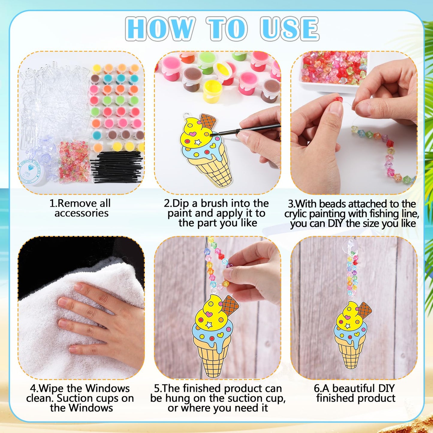 Yaomiao 30 Sets Summer Suncatchers Window Art Drawing Kits DIY Ice Cream Sun Catcher Crafts Bulk Paint Your Own Window Hanging Ornaments for Home Birthday Party Favors Decor Gifts