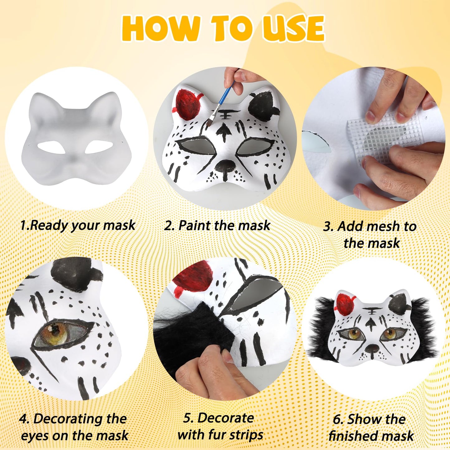 Giftota 47 Pcs DIY Therian Mask Kit for Boys Girls - 8 Blank Cat Mask with Super Soft Felt Fabric Sheet, Plush Faux Fur, Eye Mesh, Gem Sticker - DIY Fox Masks for Christmas Masquerade Cosplay Party