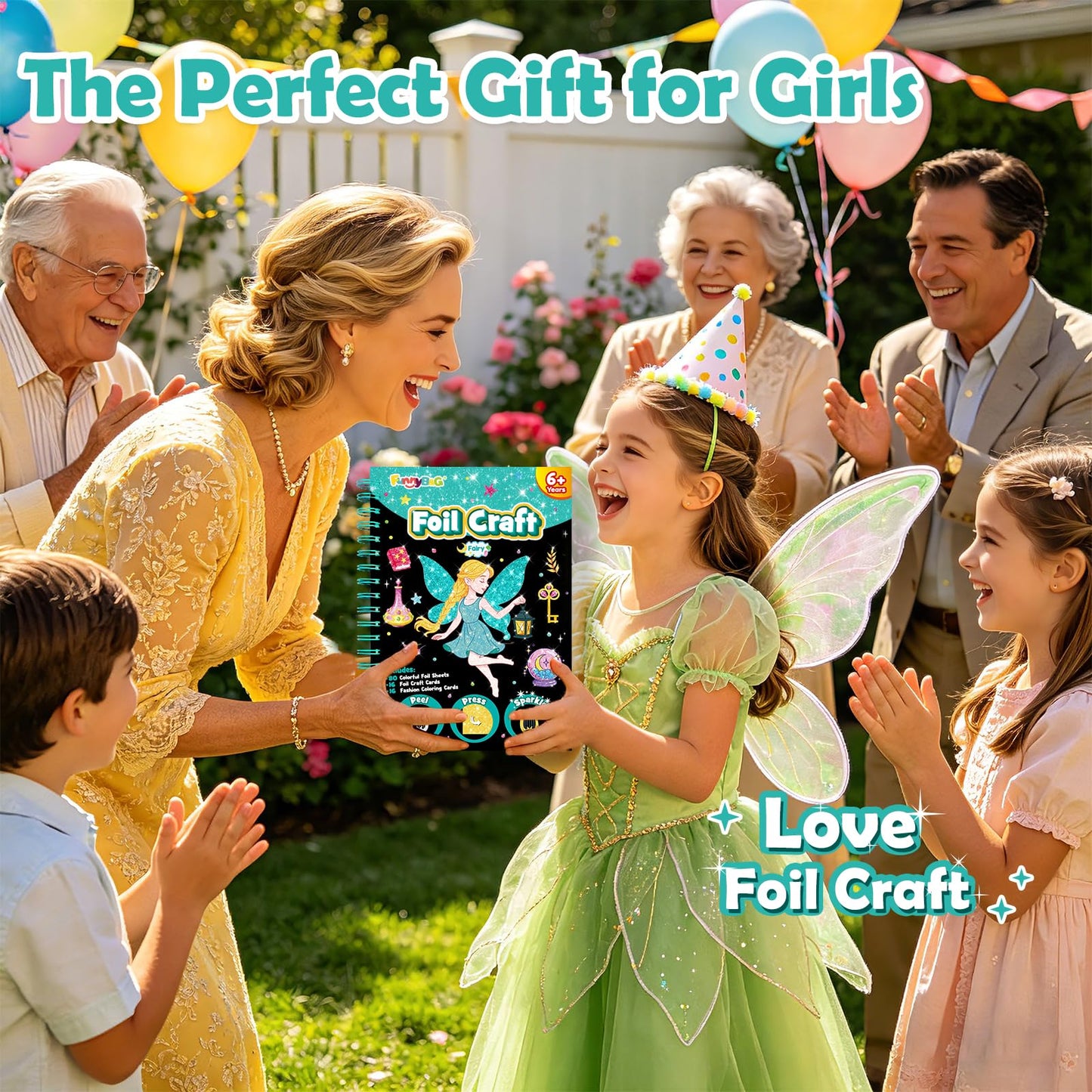 FUNNYB&G Foil Art Craft Kit for Girls 4-10 Years Old: Mess-Free & No-Glue, Create 16 Sparkly Fairy Pictures – Perfect Travel Toy & Birthday Gift for Kids（Fairy）