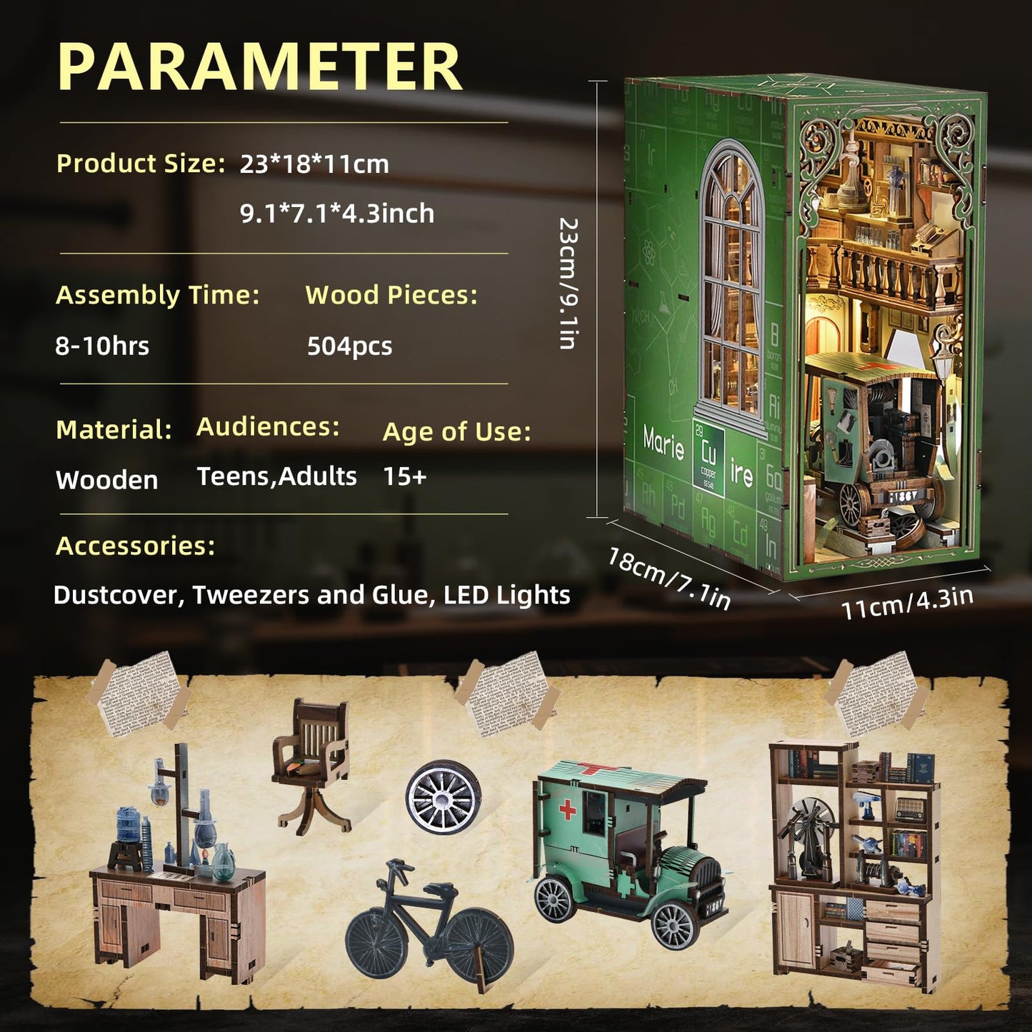 MiniCity Book Nook Kit, DIY Miniature Dollhouse Kit 3D Puzzles for Adults Tiny House Mini Home Craft Bookshelf Nook Puzzle Book Decor Gifts for Teenagers Book Lovers (The Radium Lady)