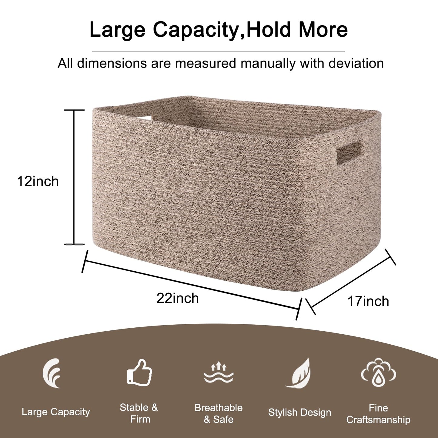 OIAHOMY 75L Large Woven Cotton Rope Storage Basket with Handle for Organizing Blanket and Toys for Living Room, Nursery, Brown Variegated 22”x17”x12”