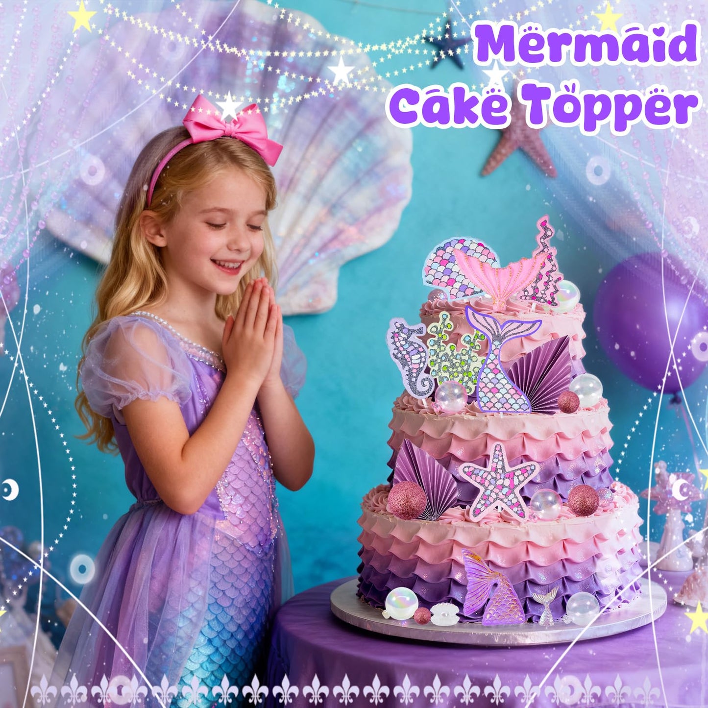 Wowagoga 22Pcs Mermaid Cake Topper Under the Sea Cake Decoration Shell Cake Birthday Decoration Mermaid Tail for Party Supplies