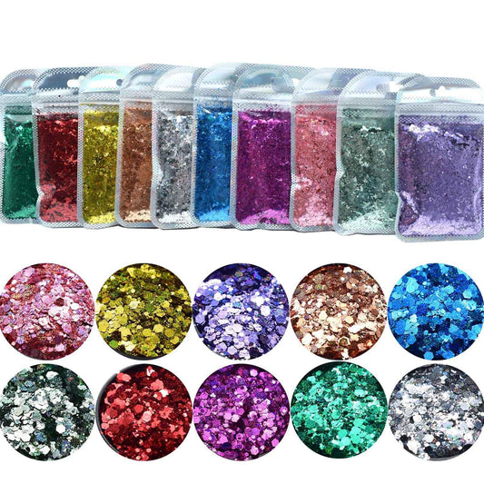 10 Bags Chunky Glitter, Foluvinzzis Holographic Hexagon Crafts Sequins Mix Glitter for Tumbler, Resin, Epoxy, Slime, Holiday Decoration, Nail Arts, Printing, Face, Hair, Makeup