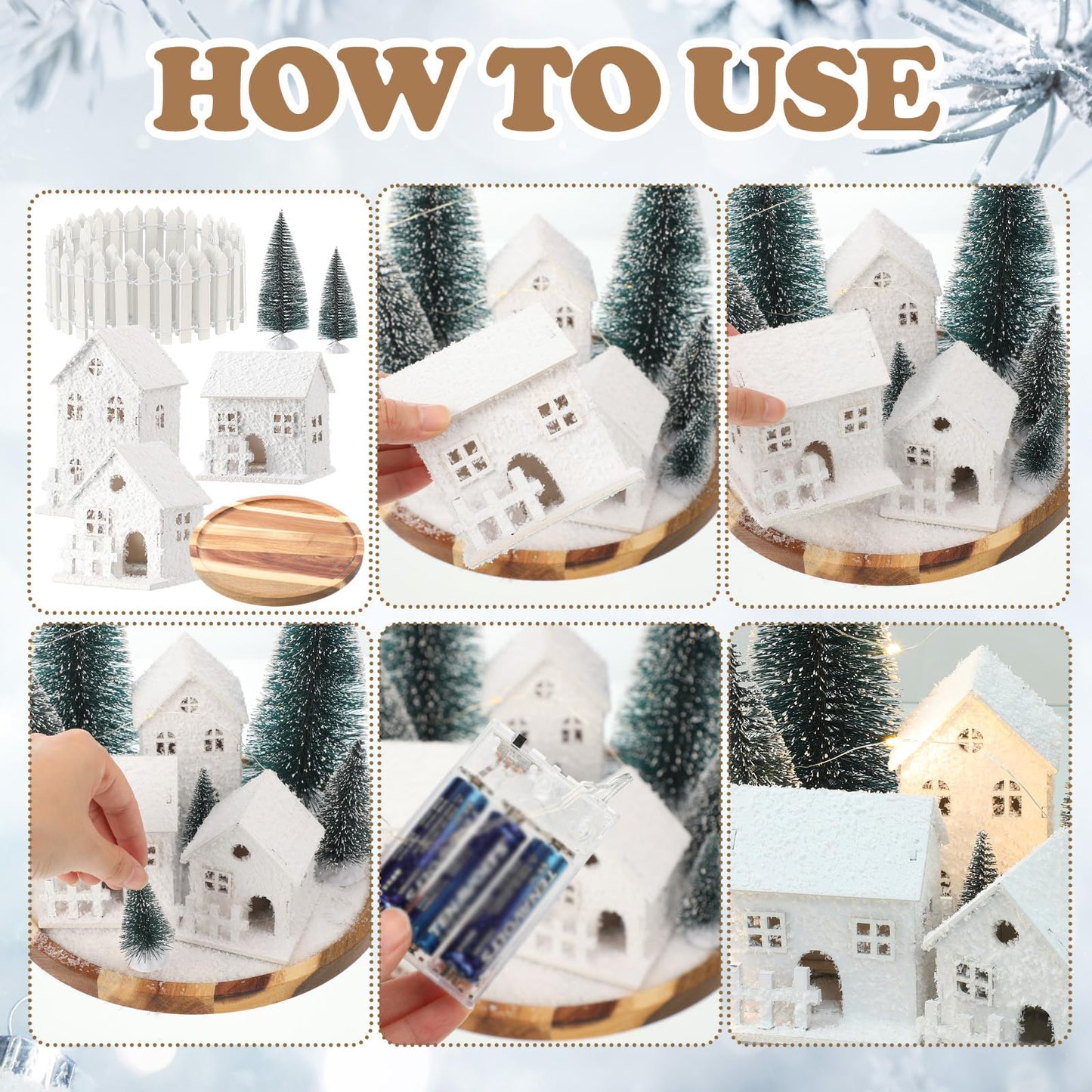 Soulchen 25 Pcs Christmas Village Set with LED Light Christmas Table Centerpiece Village Houses Display Accessory Farmhouse Winter Xmas Figurines Snow Scene Desktop Kit DIY for Holiday Landscape