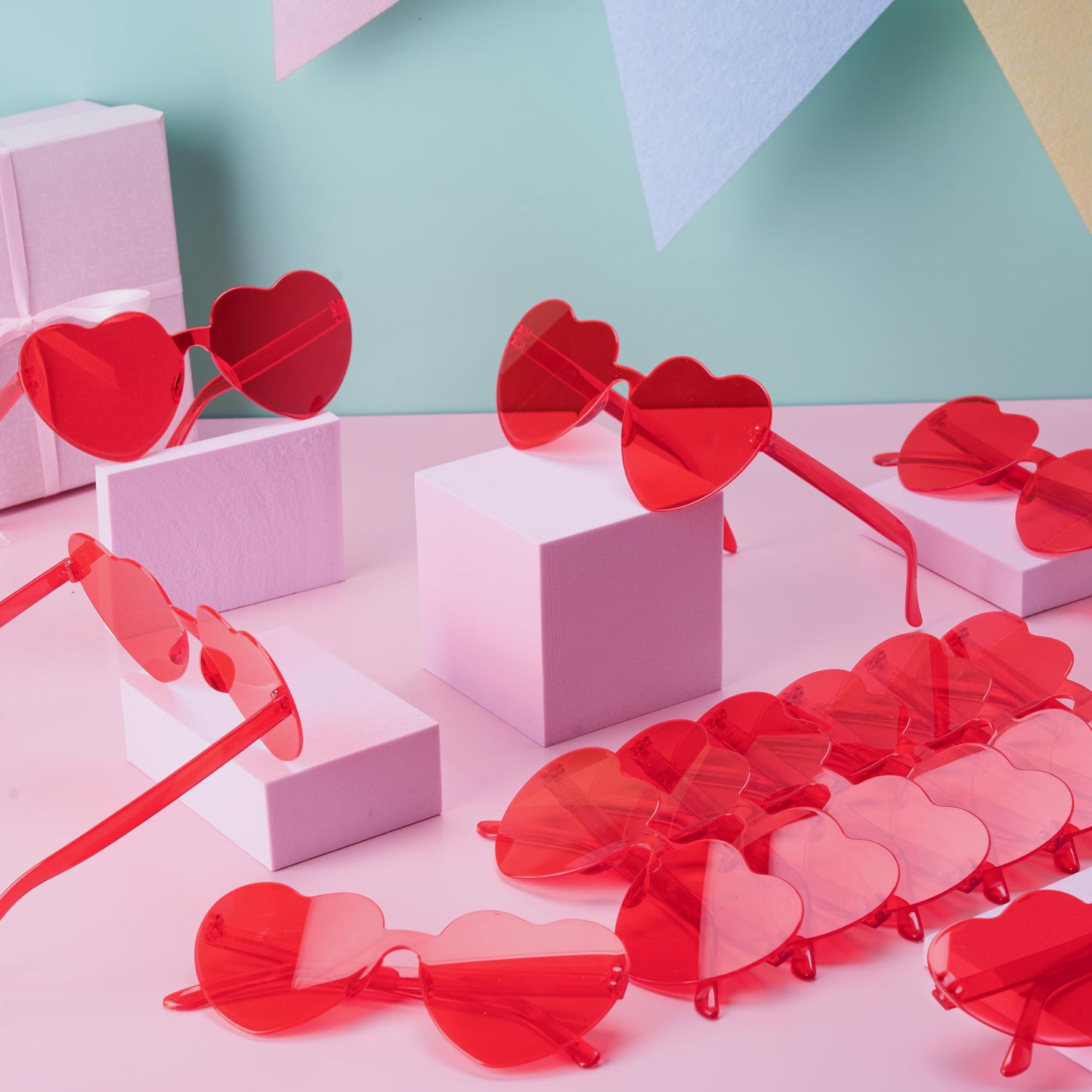 JOYIN 12 Pack Valentine Day Heart Shape Glasses, Rimless Sunglasses, Classroom Exchange Gift for Kids, Stylish and Safe Eyewear in Red, Rimless Glasses for Women and Girl, Party Favor Holiday Reward