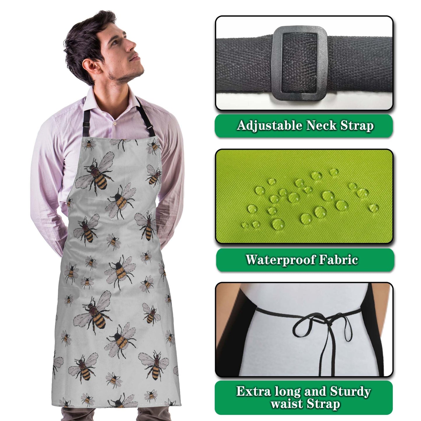 Olikked Funny Aprons for Adults Men Honeybee Big Small Funny Bee Insects Mans Apron for Kitchen Cooking Restaurant BBQ Painting Crafting Gardening 27” (W) x 31” (H), Waterproof Aprons