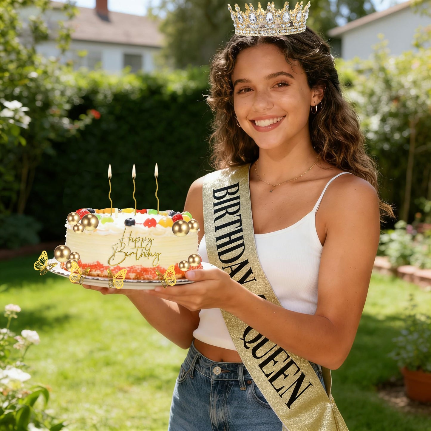 AMZVALU Crown & Birthday Sash for Women - Gold Crown Happy Birthday Cake Topper Candle Balls Butterfly | Corona Para Pastel | Sweet Crown Decoration for Queen Princess Bride Wedding Prom (Gold, White)