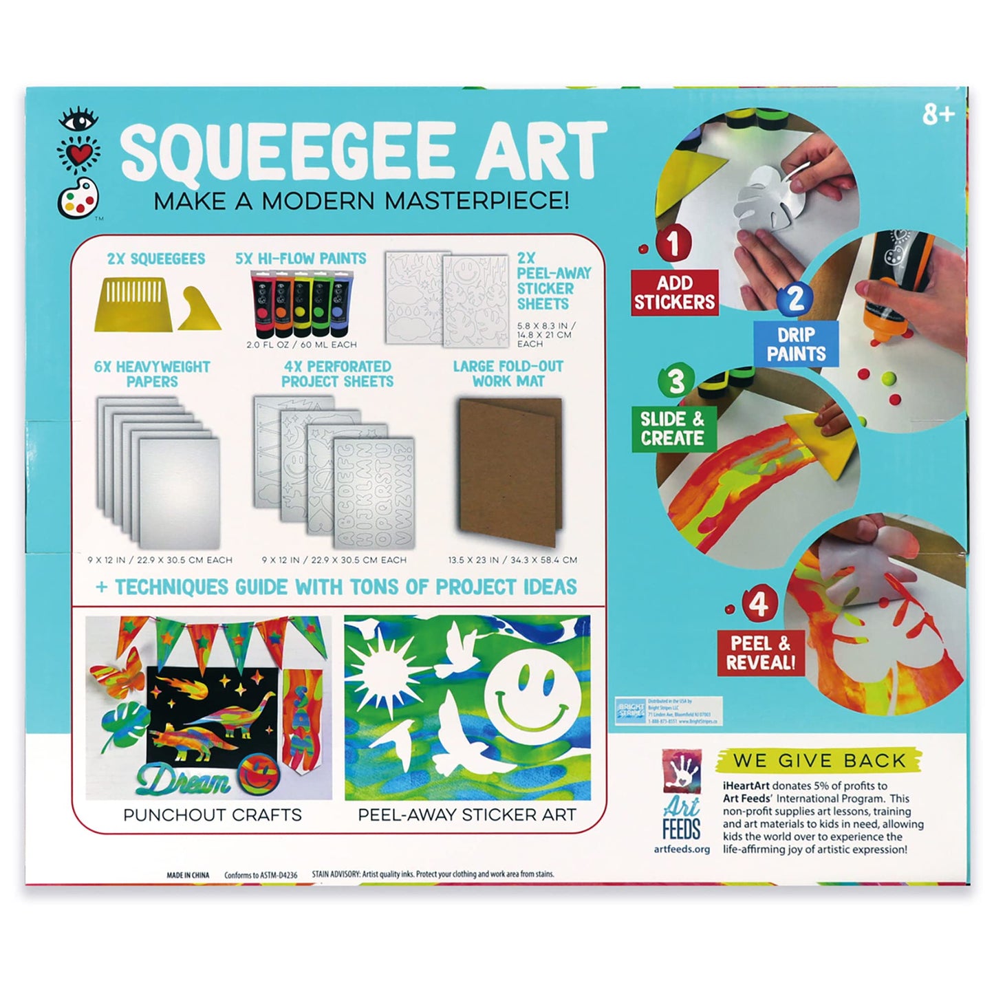 Bright Stripes iHeartArt Squeegee Art Kit for Kids - Easy to Use Squeegee Arts & Crafts Painting Set for Kids Ages 6+ with Paint, Paper, Stickers & Tools, Mess Free Coloring & Educational Art Supplies