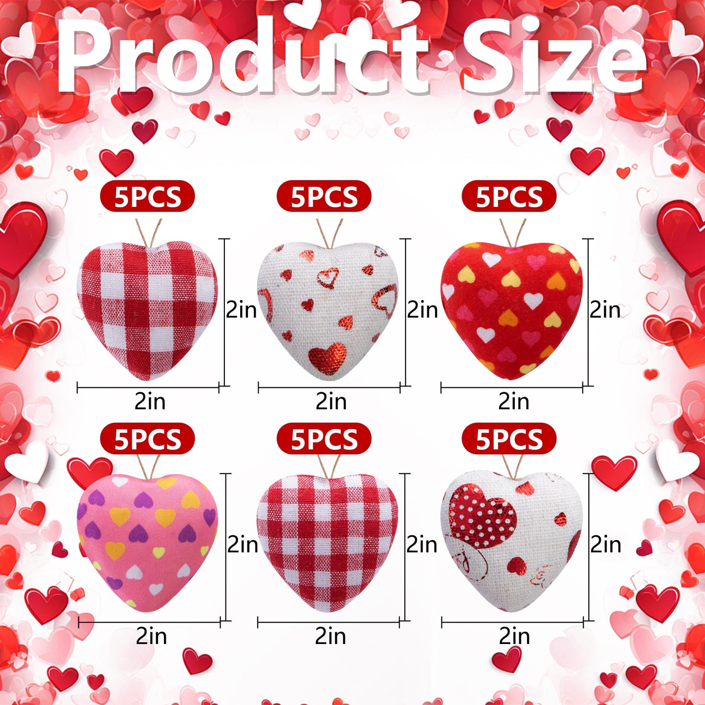 EBaokuup 30 Pcs Valentines Fabric Heart Ornament for Hanging-6 Styles Red Pink Buffalo Plaid Check-Heart-Shaped Hanging Decoration for Valentine's Day Home Decor Wedding Party DIY Crafts