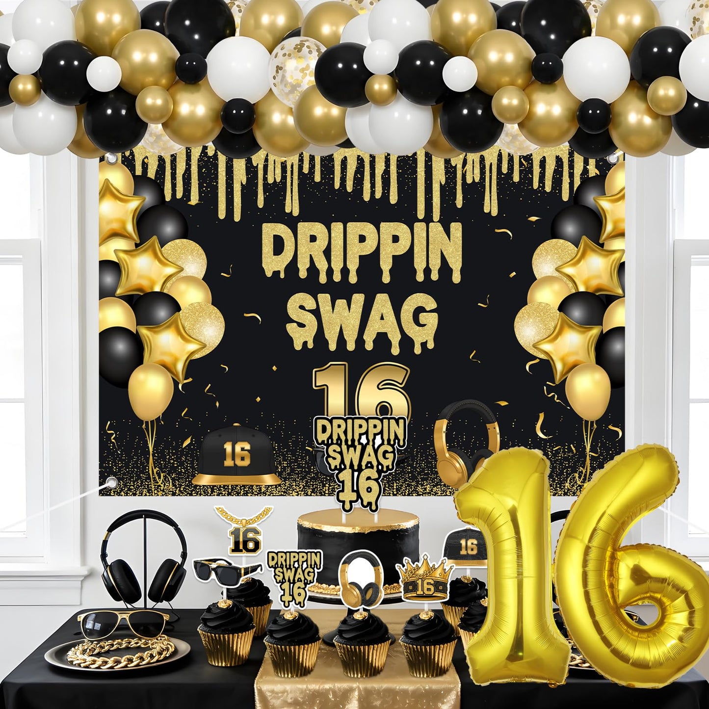 Jollyboom Drippin Swag 16 Birthday Decorations for Boys, Black and Gold 16th Birthday Backdrop Balloon Garland Kit with Banner Cake Topper Cupcake Toppers Number 16 Balloon for Boy Party Photo Wall
