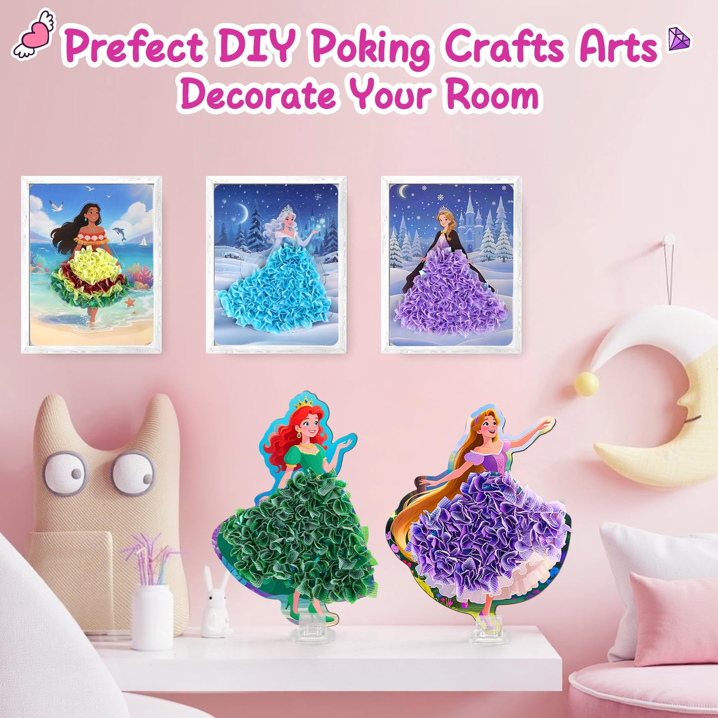 8PCS Poke Art Kits - Magical Princesses, Mess-Free Fabric Creative Art, DIY Arts and Crafts Toys for Kids Ages 3-12, Birthday Gifts & Party Favors for Girls & Boys 4, 5, 6, 7, 8, 9 Years Old