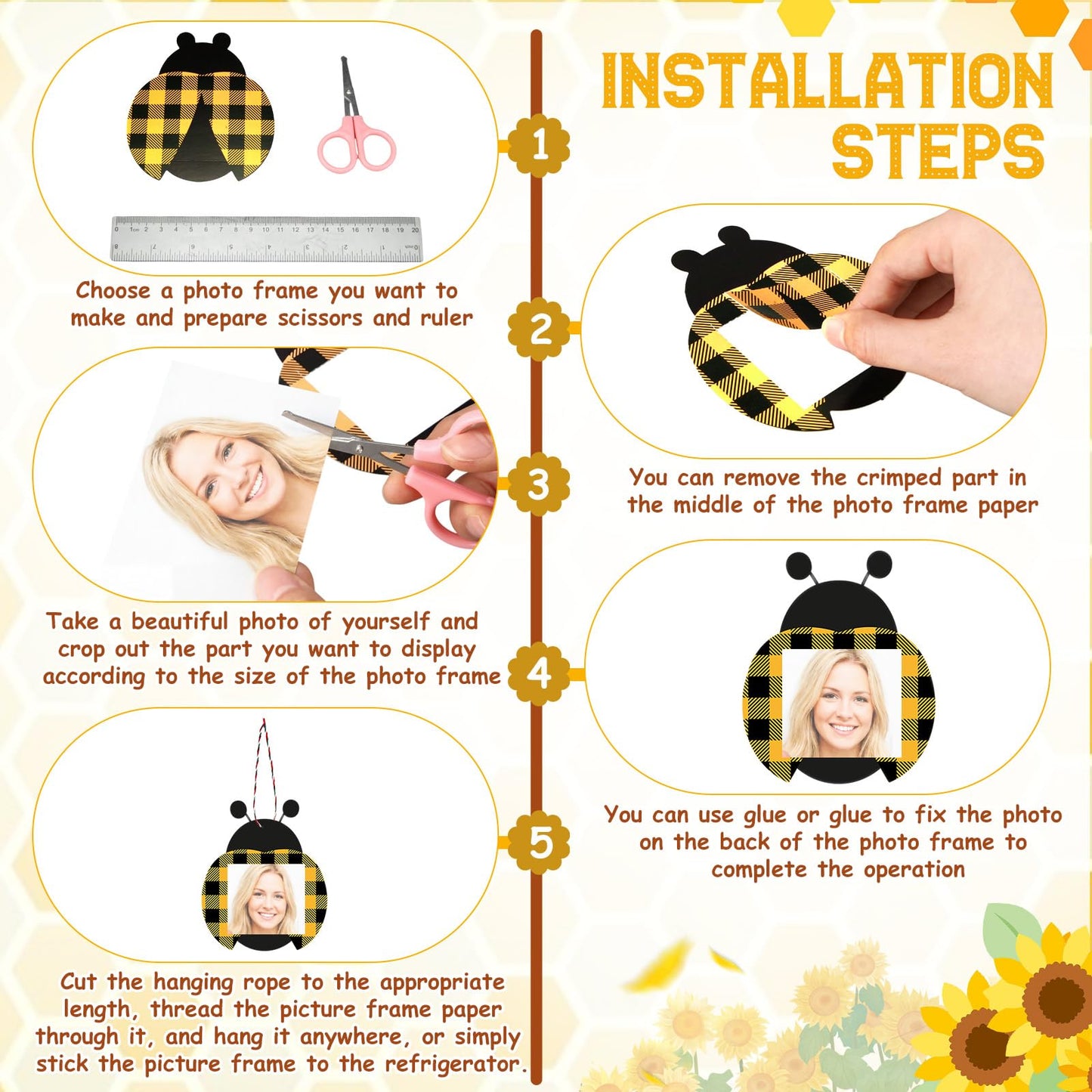Cholemy 48pcs Sunflower Bee DIY Photo Frame Craft Kit for Kids, Hanging Ornament with Stickers, Summer Bee Ladybug Butterfly Truck Shapes for Party Favors, Classroom & Home Decor(Summer Style)
