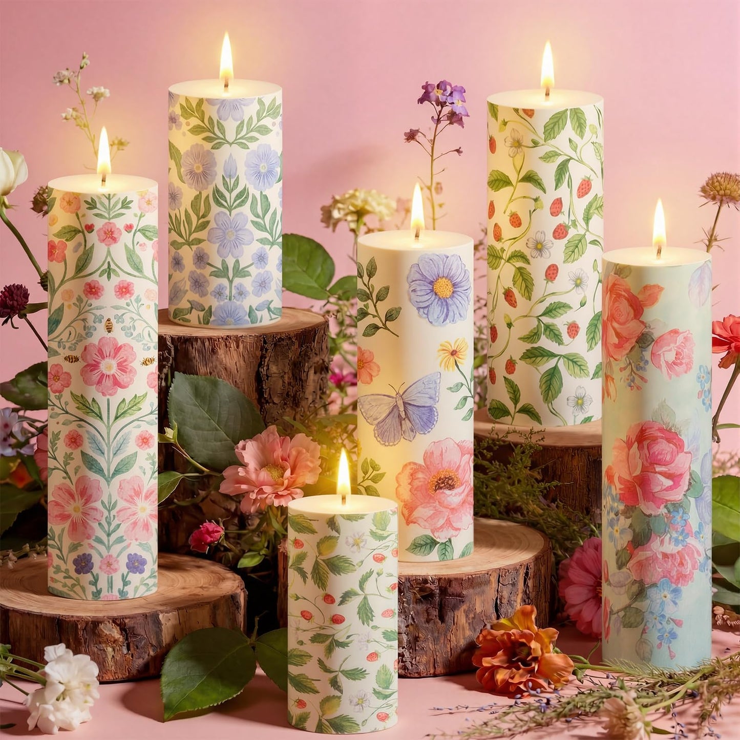 Roowest 24 Pcs DIY Decoupage Napkins Candle Making Kits Ideas Include Candles Floral Napkins and Baking Paper for DIY Crafts Girls Nights Spring Summer Birthday Wedding Party (Pillar)