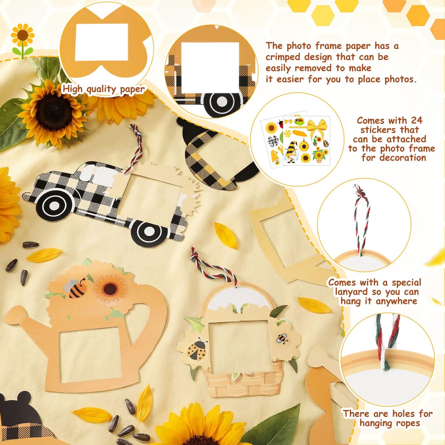 Cholemy 48pcs Sunflower Bee DIY Photo Frame Craft Kit for Kids, Hanging Ornament with Stickers, Summer Bee Ladybug Butterfly Truck Shapes for Party Favors, Classroom & Home Decor(Summer Style)