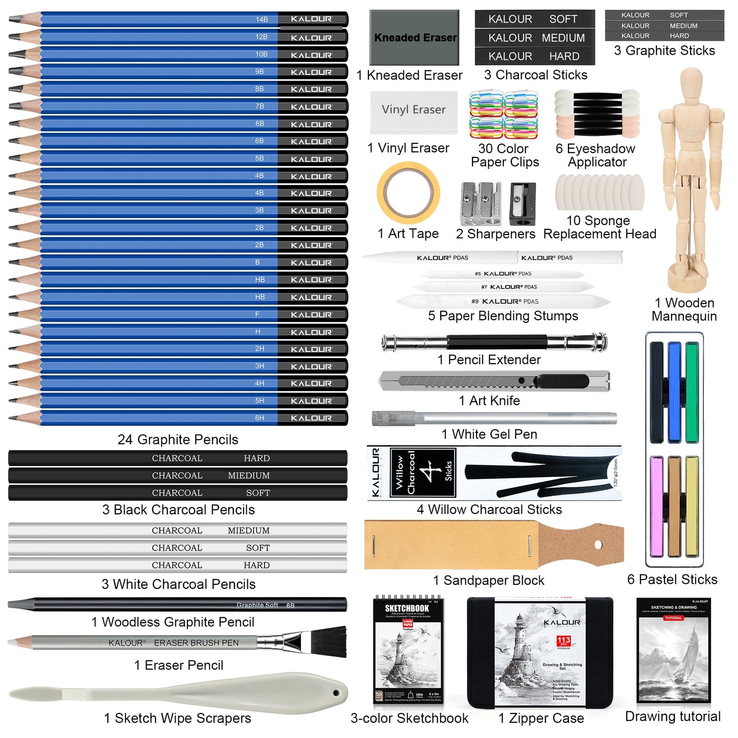KALOUR 113PCS Drawing Set, Professional Sketching Kit with 3-Color Sketchbook,Graphite & Charcoal Pencils, Wooden Mannequin, Art Tools in Zipper Case, Art Supplies for Beginners & Artists Gift