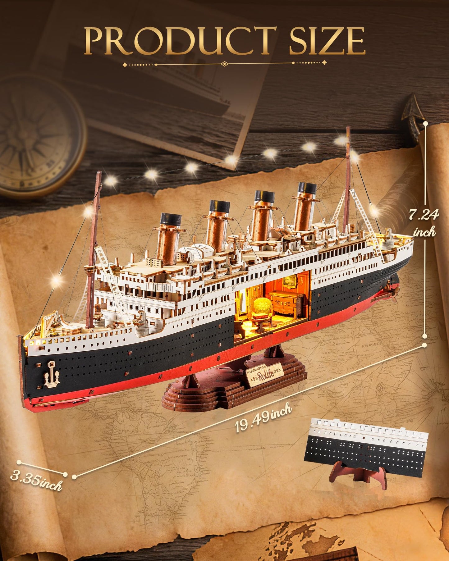Rolife 3D Wooden Puzzles for Adults with LED Lights, 433 Pieces 19.5" Titanic Model Ship Kits for Adults, DIY Craft for Home Decor & Unique Birthday Valentine's Day Gift
