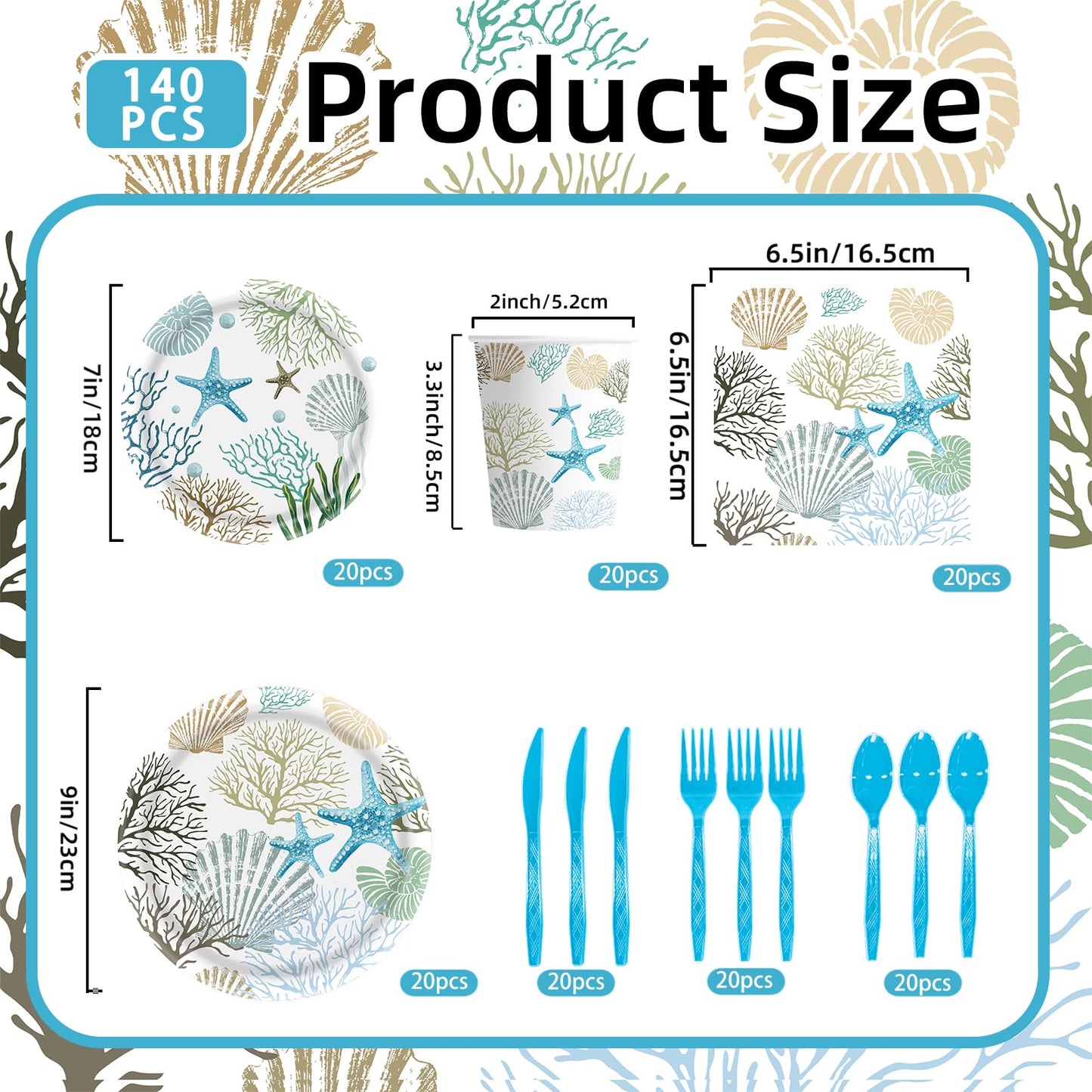 140Pcs Ocean Seashell Coastal Beach Starfish Coral Party Plates Supplies Tableware Decorations Disposable Paper Plates Napkins Forks for Birthday Summer Baby Shower, Serves 20
